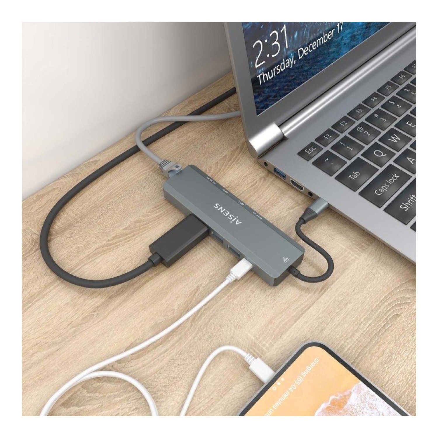 Aisens Docking USB Type-C · HDMI 4K · 2 USB · RJ45 · PD · Gris