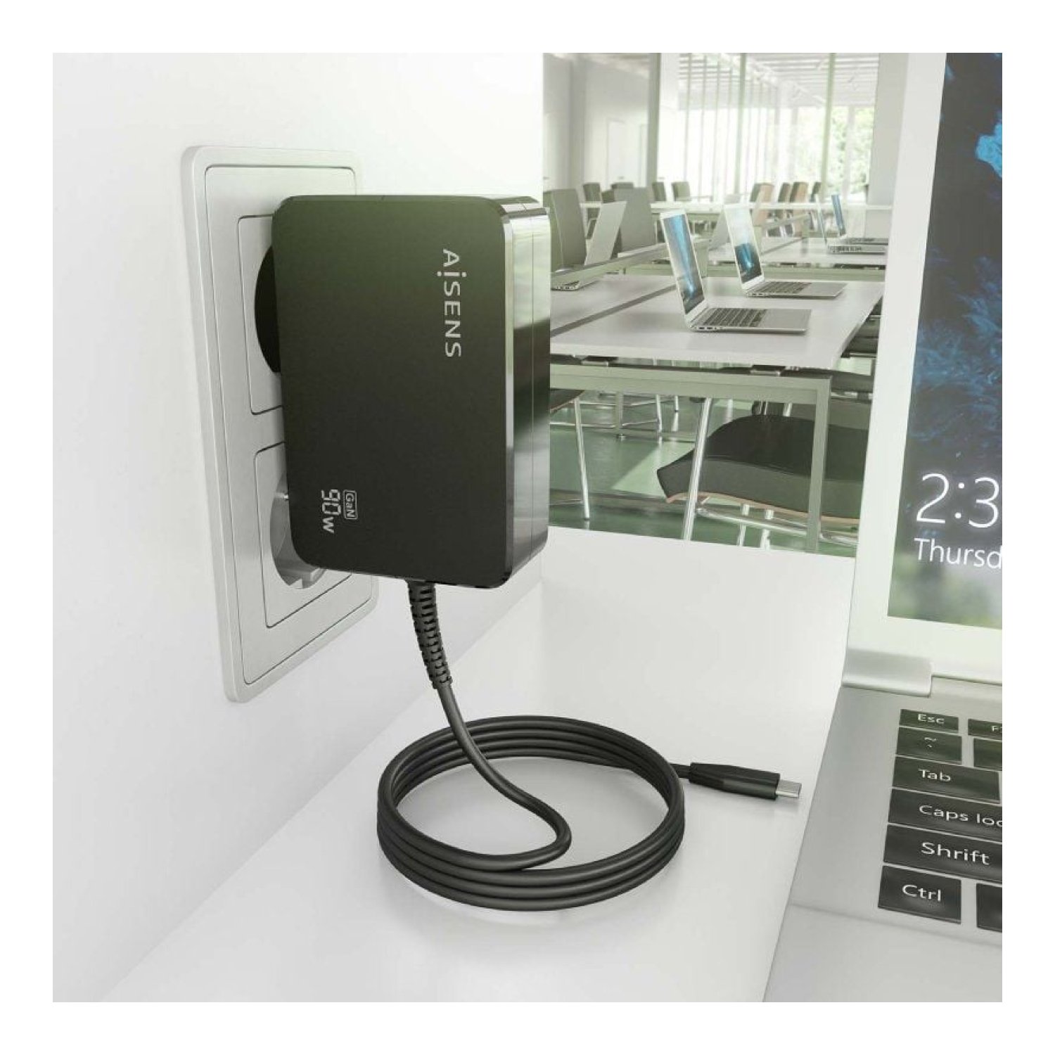 Aisens Cargador GaN · 90W USB-C · Voltaje 5-20V · Cable 1,8m