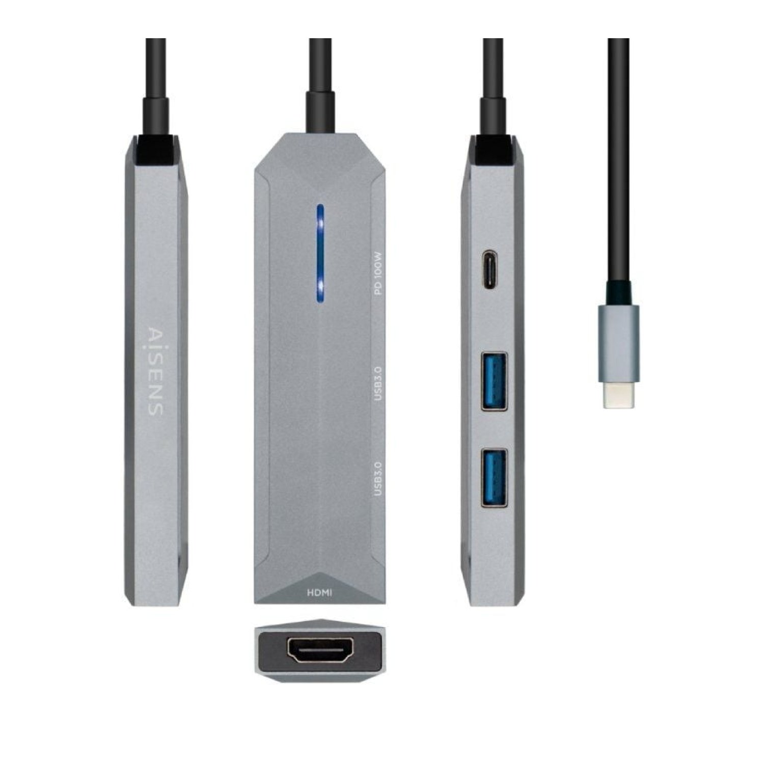 Aisens Docking USB-C · HDMI 4K · 2xUSB · PD · Gris