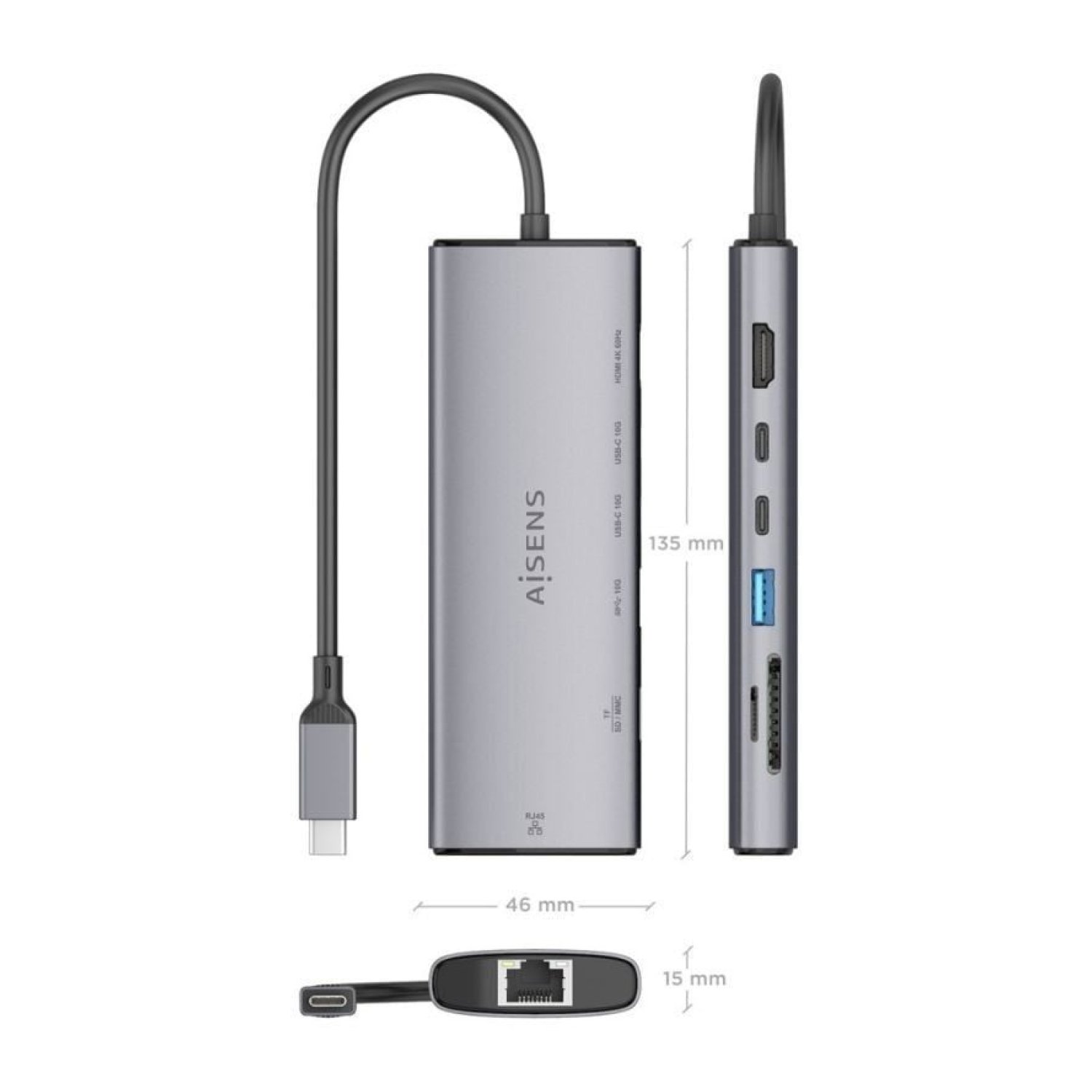 Aisens Docking USB Tipo-C · HDMI 4K · 2x USB-C · RJ45 · Lector Tarjetas