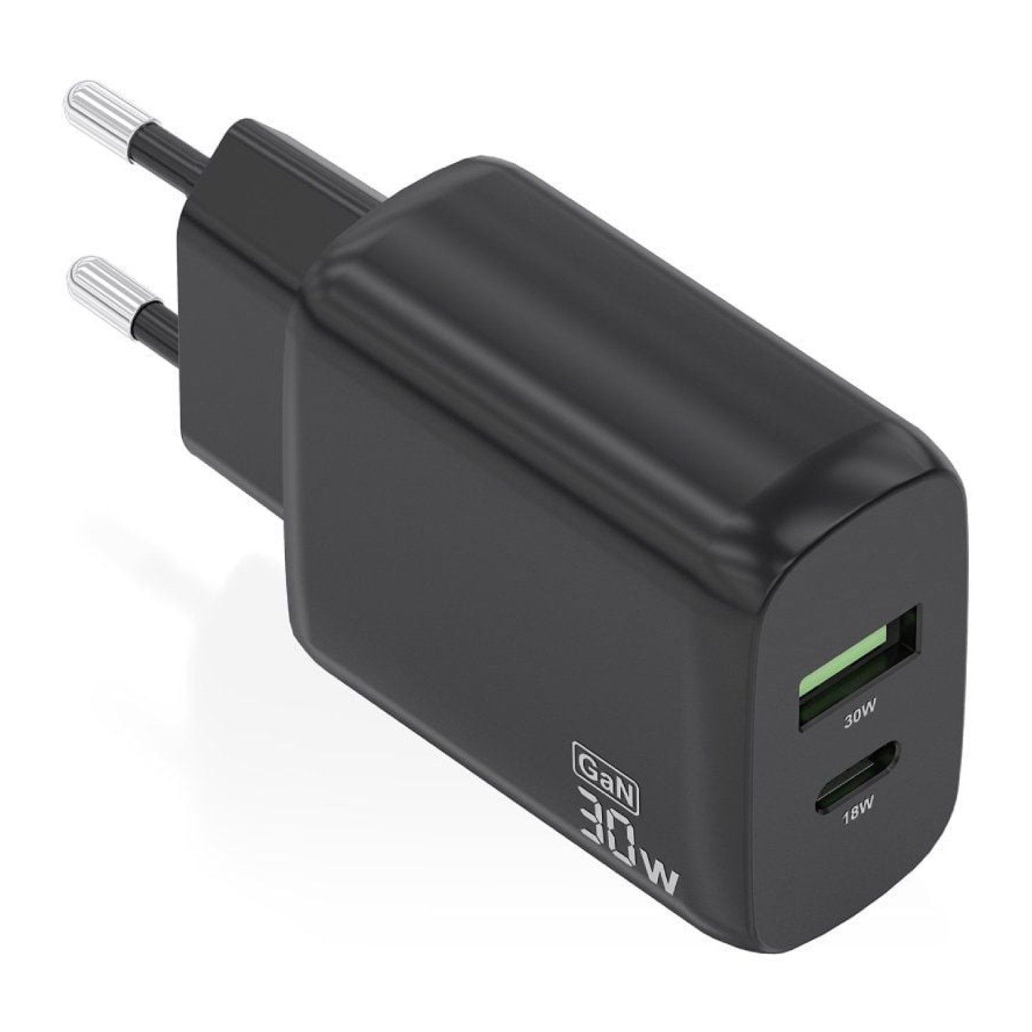 Aisens Cargador GaN · 30W · 1xUSB-C · 1xUSB · Negro