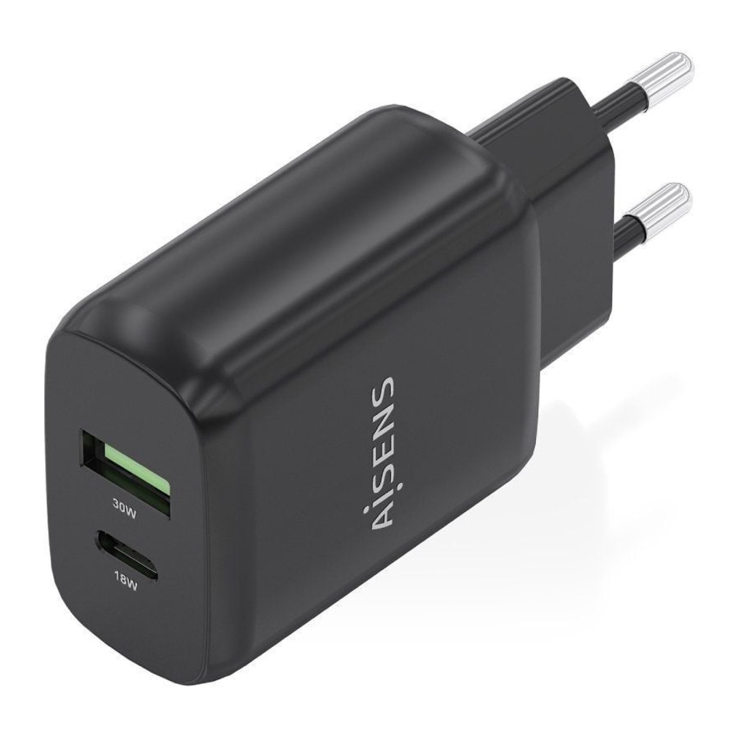 Aisens Cargador GaN · 30W · 1xUSB-C · 1xUSB · Negro