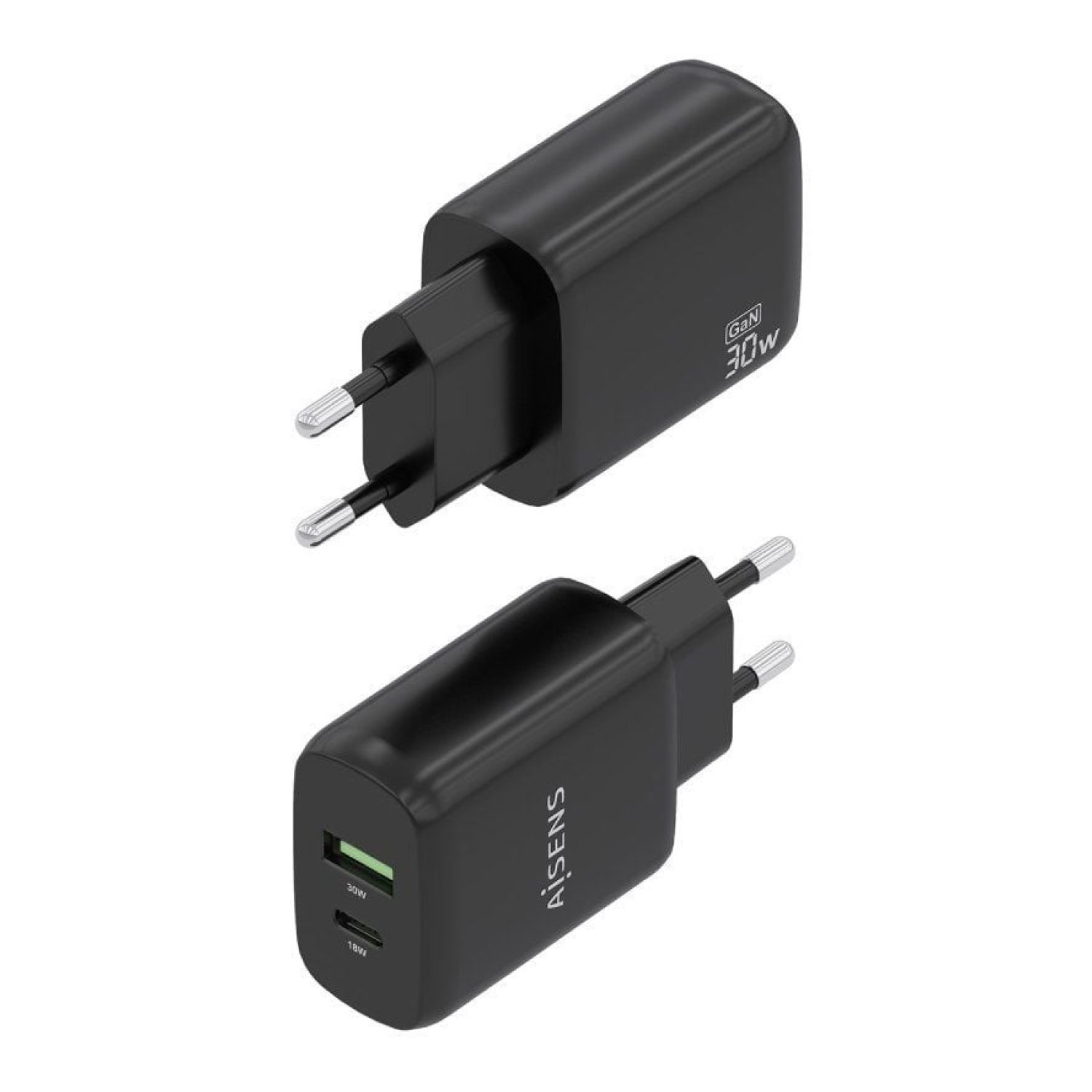 Aisens Cargador GaN · 30W · 1xUSB-C · 1xUSB · Negro