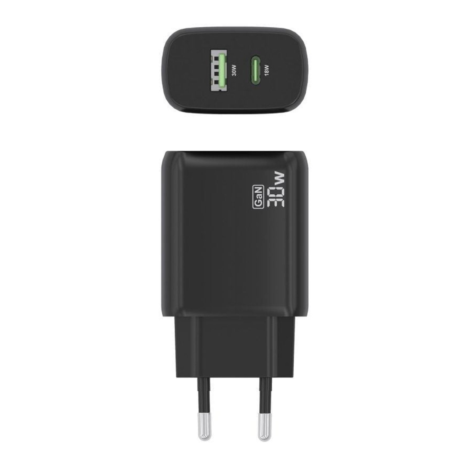 Aisens Cargador GaN · 30W · 1xUSB-C · 1xUSB · Negro