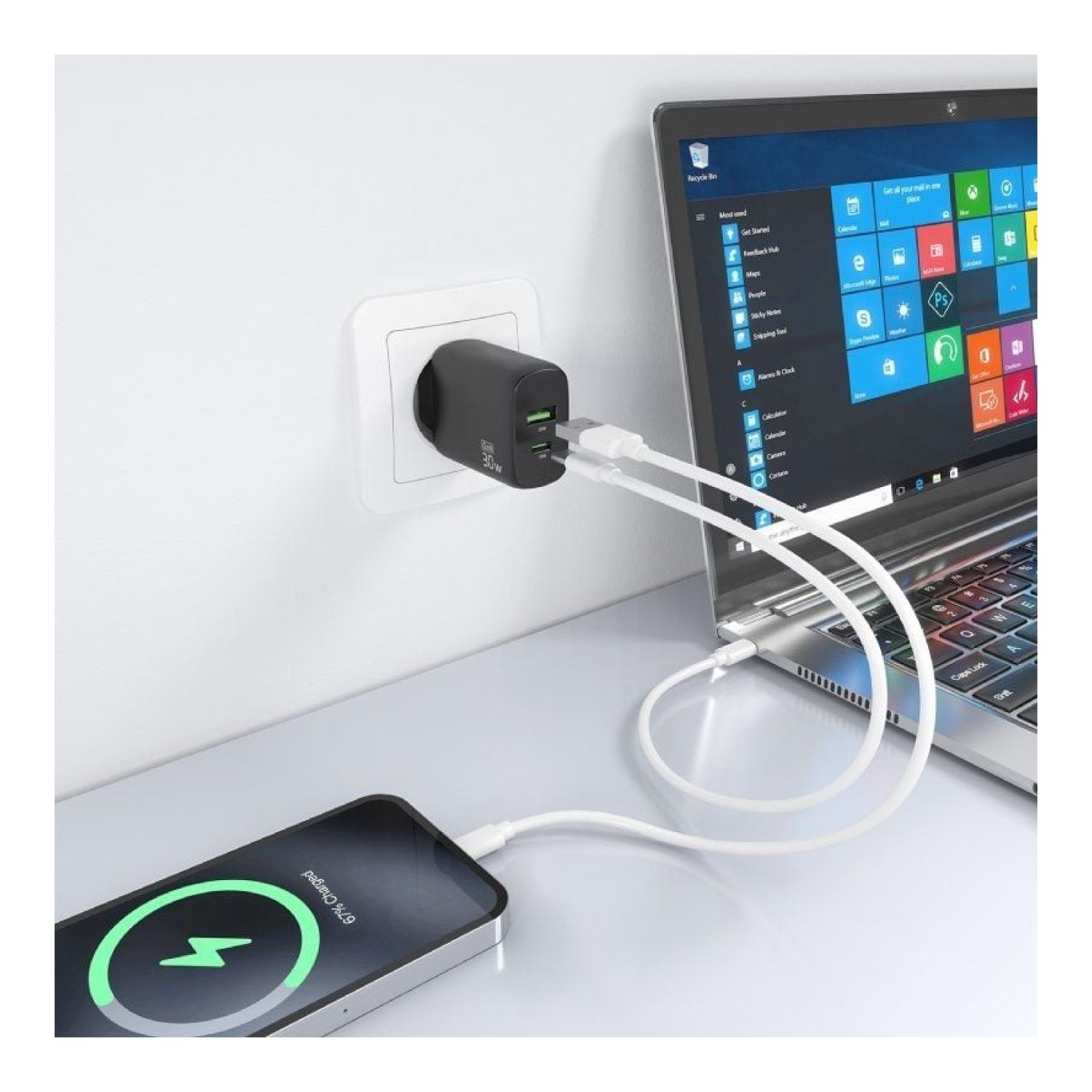 Aisens Cargador GaN · 30W · 1xUSB-C · 1xUSB · Negro