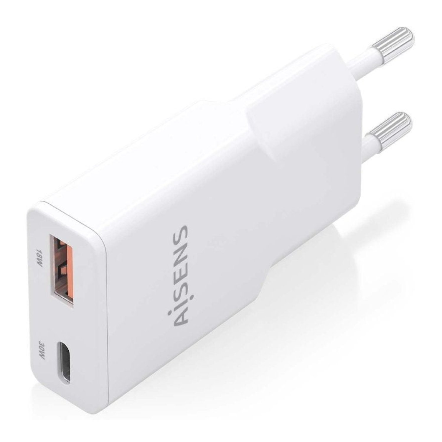 Aisens Cargador GaN 30W · USB-C + USB · Blanco