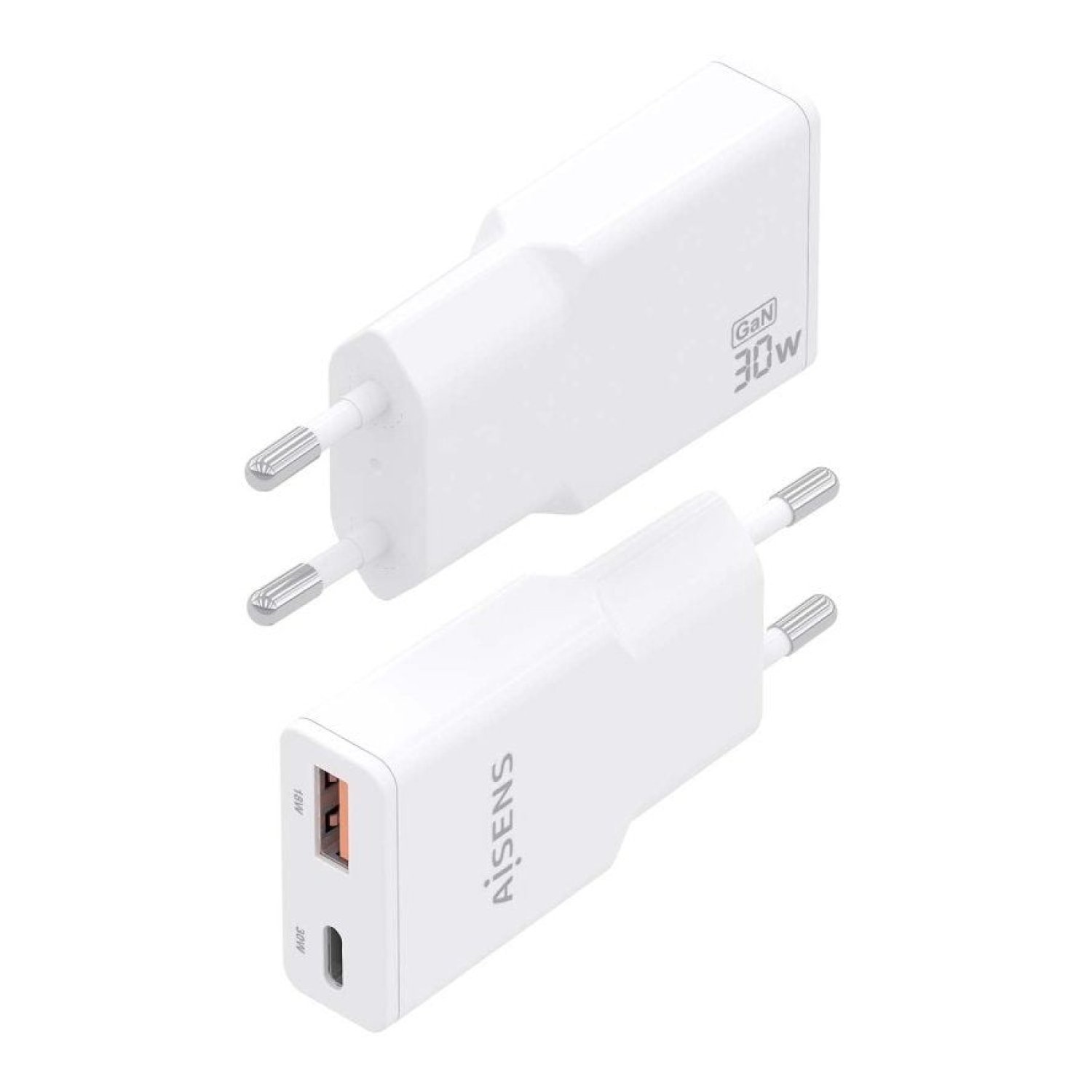 Aisens Cargador GaN 30W · USB-C + USB · Blanco