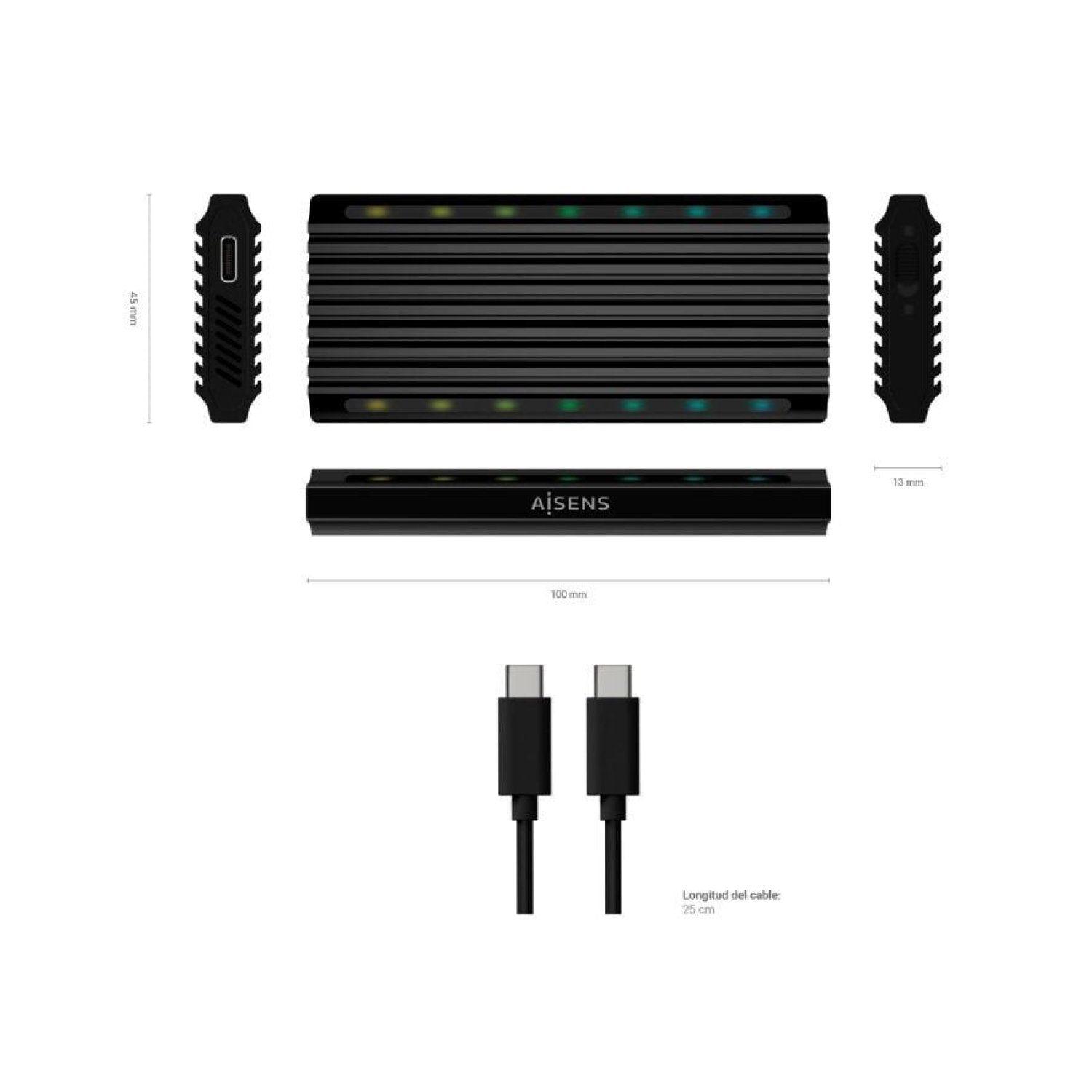 Aisens · Caja Externa SSD M.2 · USB 3.2 · SATA/NVMe · Sin Tornillos · RGB