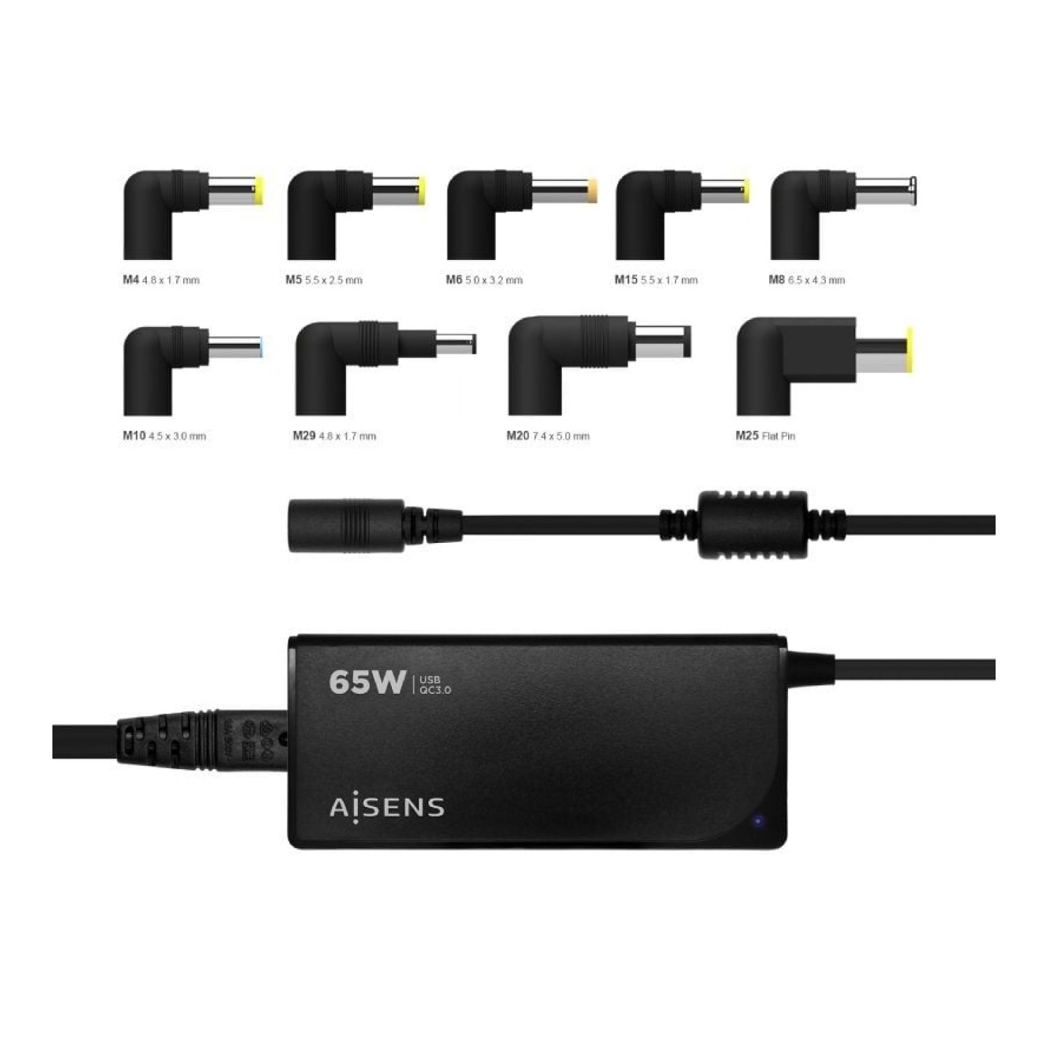 Aisens Cargador Portátil · 65W · USB QC3.0 · 9 Conectores · 18.5-20V