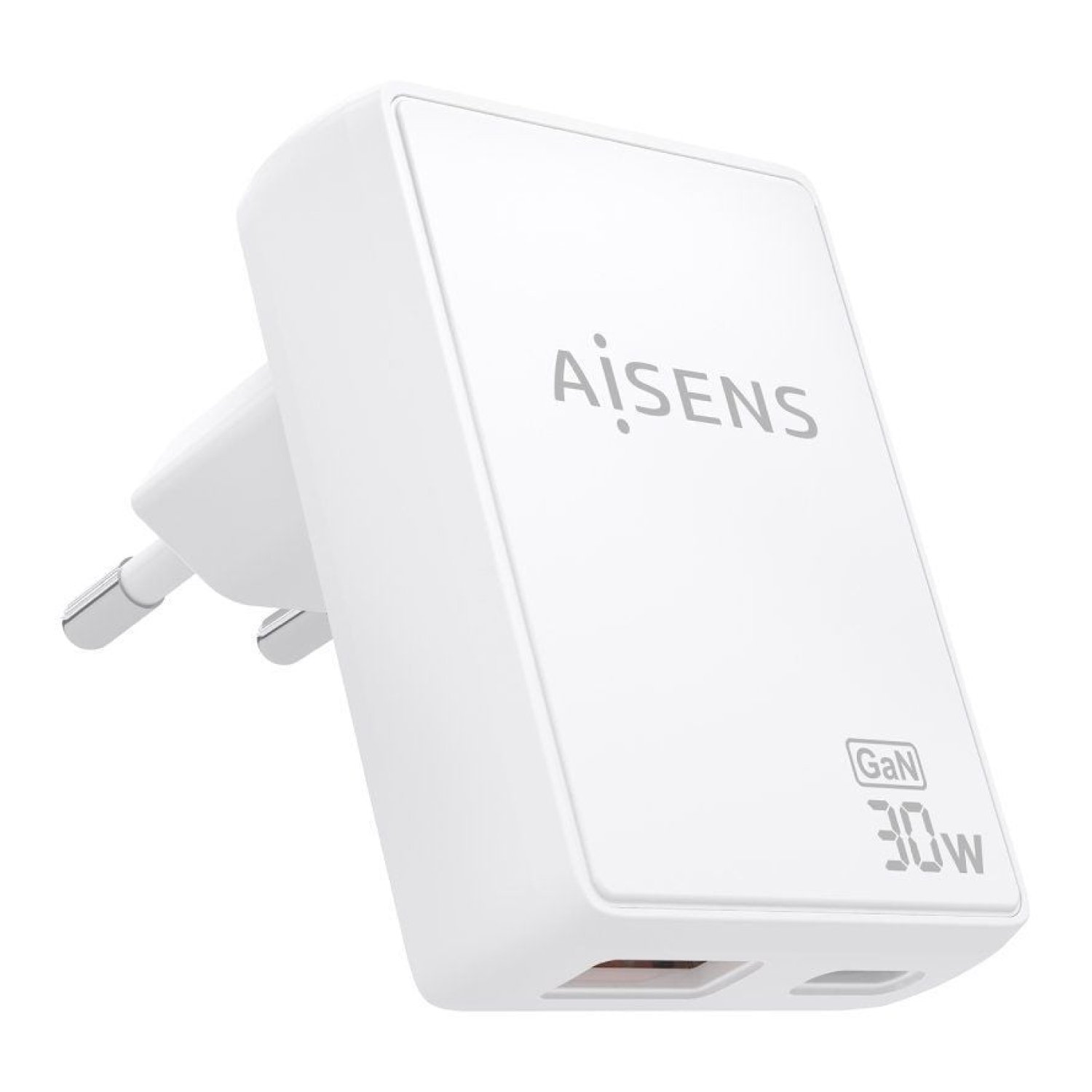 Aisens Cargador GaN 30W · 1x USB-C + 1x USB · Blanco