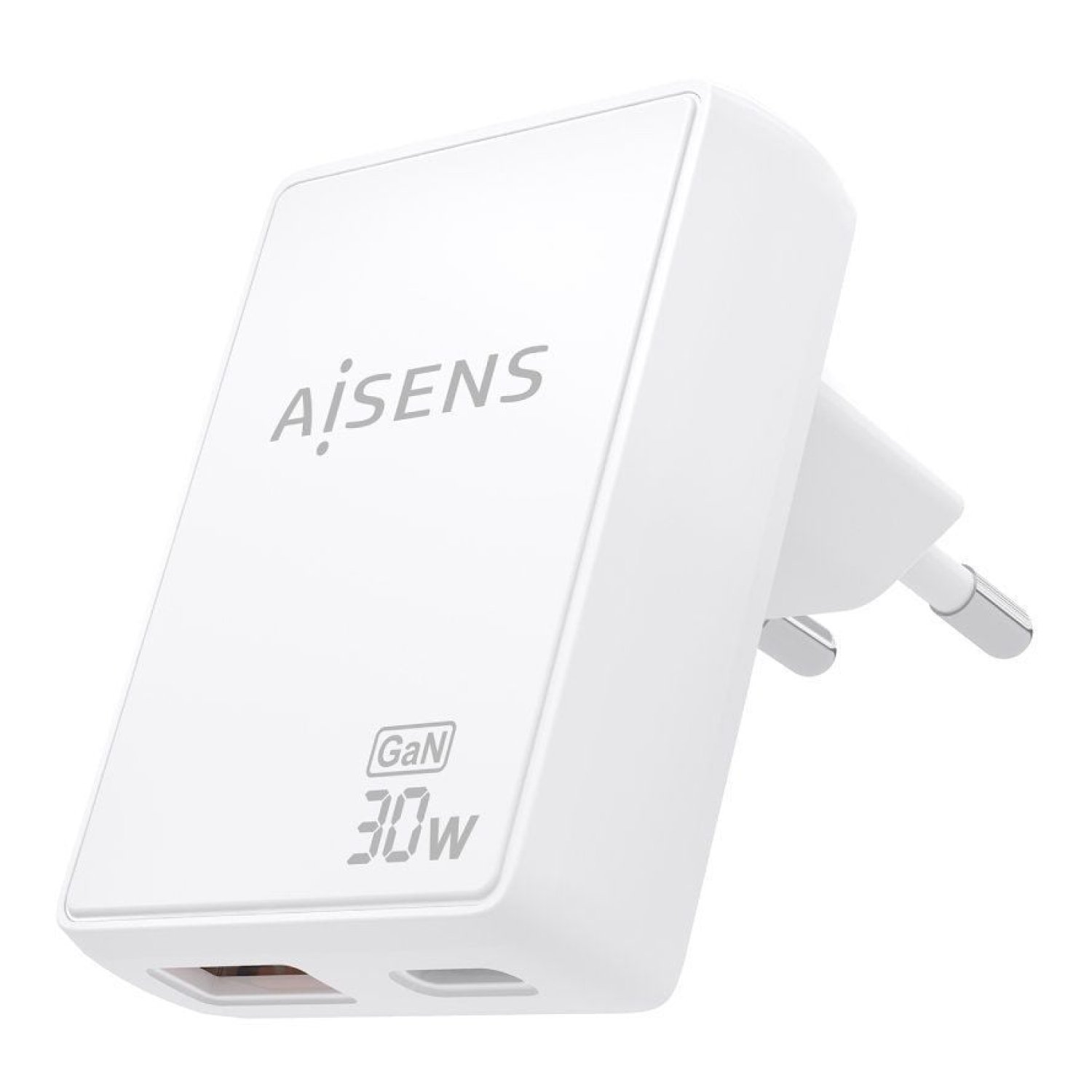 Aisens Cargador GaN 30W · 1x USB-C + 1x USB · Blanco