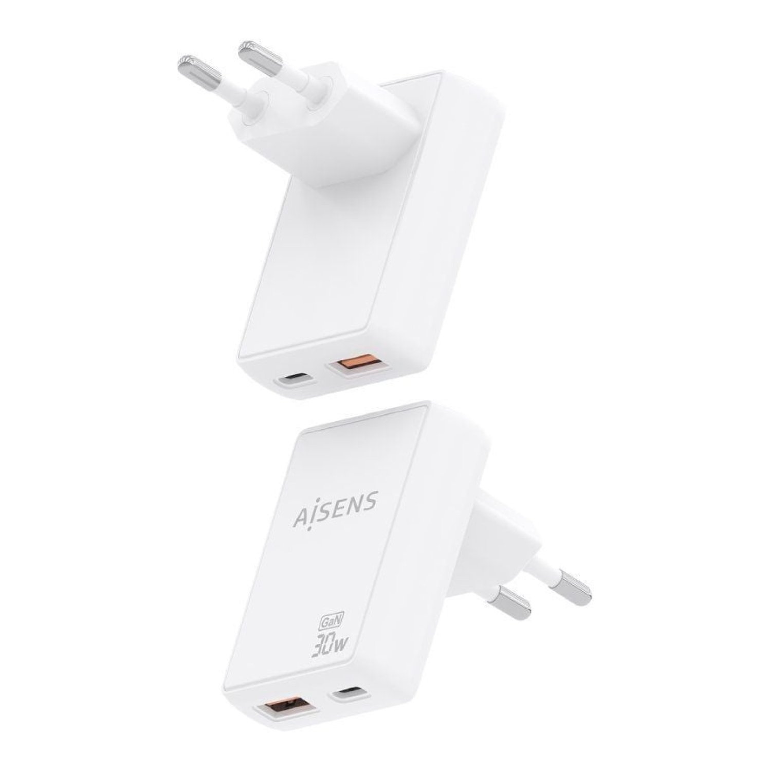 Aisens Cargador GaN 30W · 1x USB-C + 1x USB · Blanco