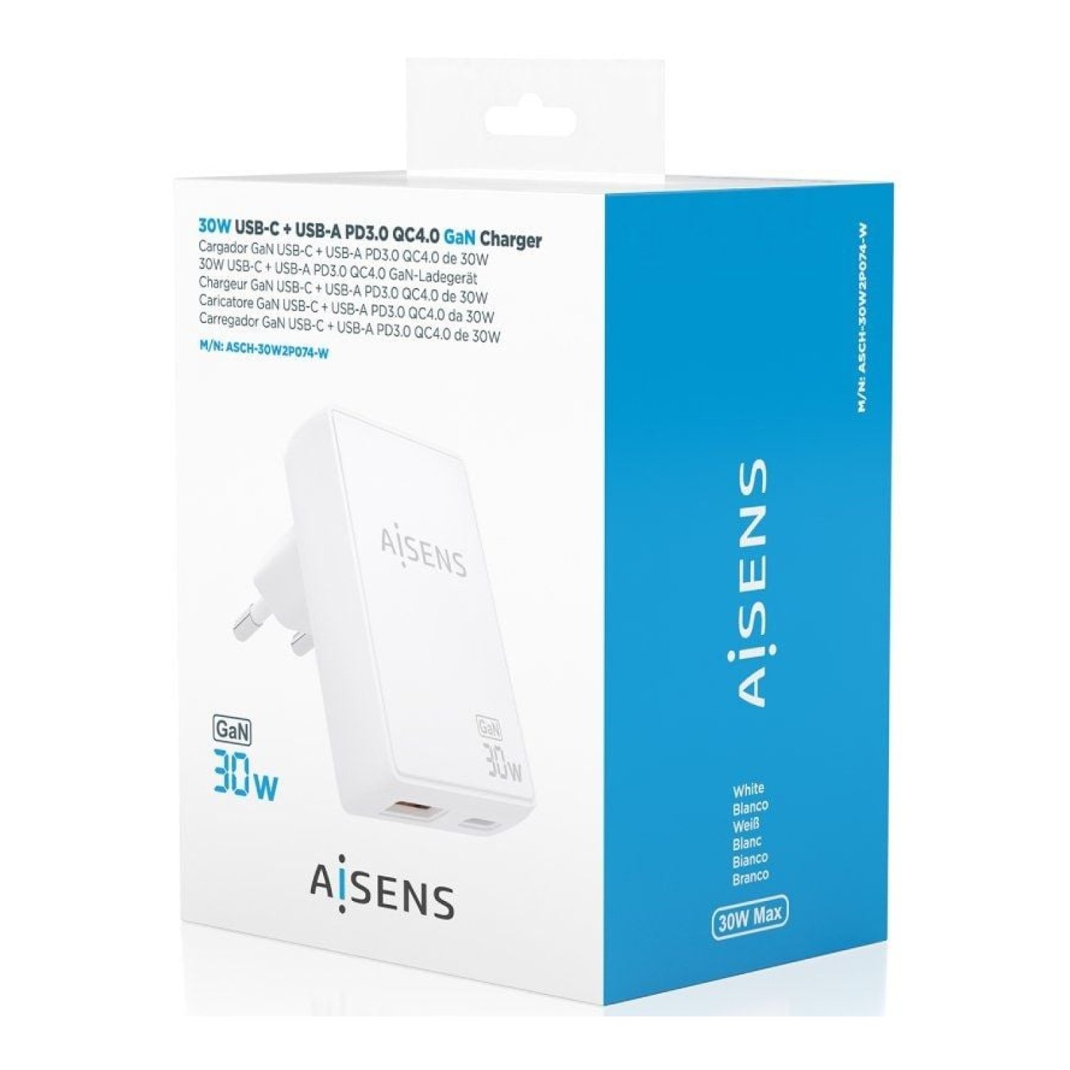 Aisens Cargador GaN 30W · 1x USB-C + 1x USB · Blanco