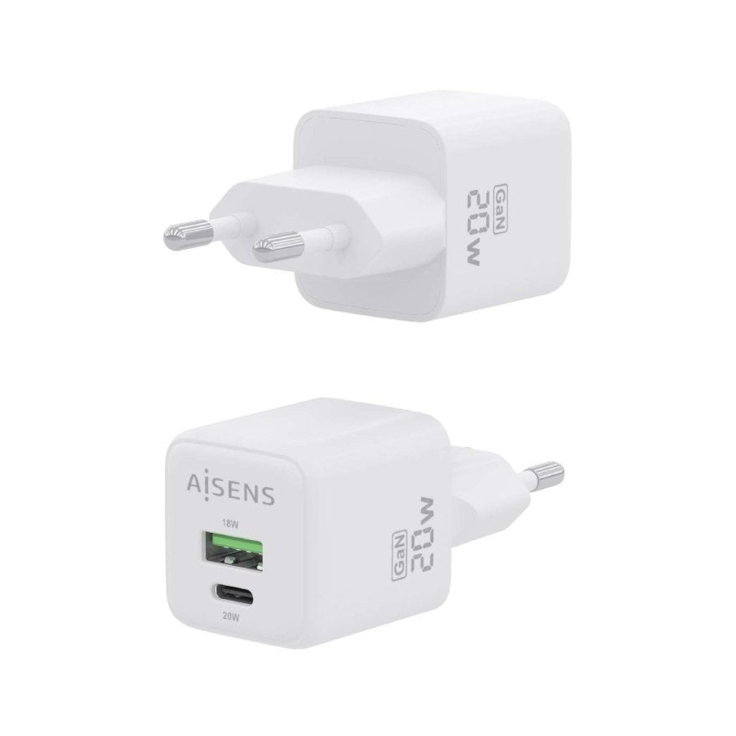 Aisens Cargador GaN · 20W · USB-C + USB · Pared