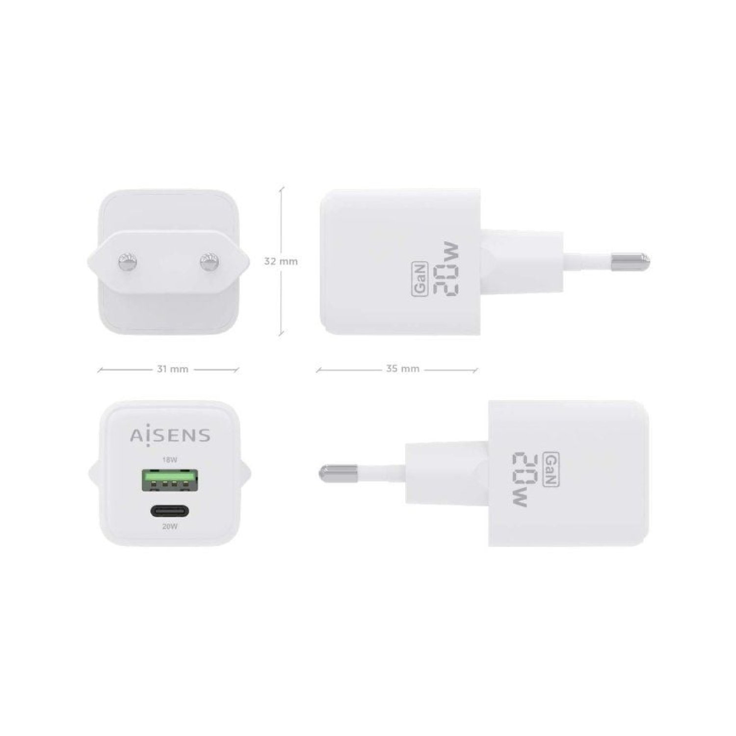 Aisens Cargador GaN · 20W · USB-C + USB · Pared