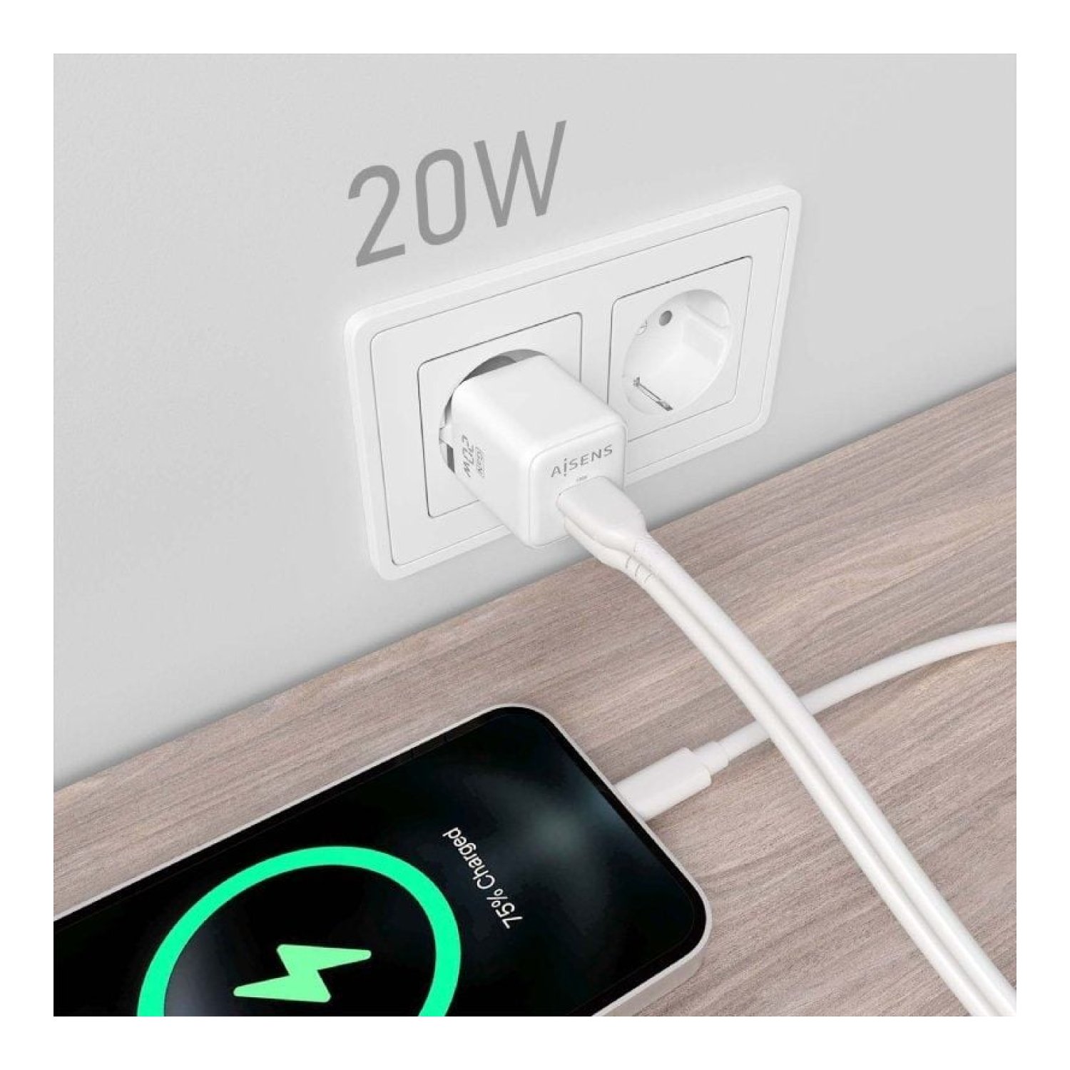 Aisens Cargador GaN · 20W · USB-C + USB · Pared