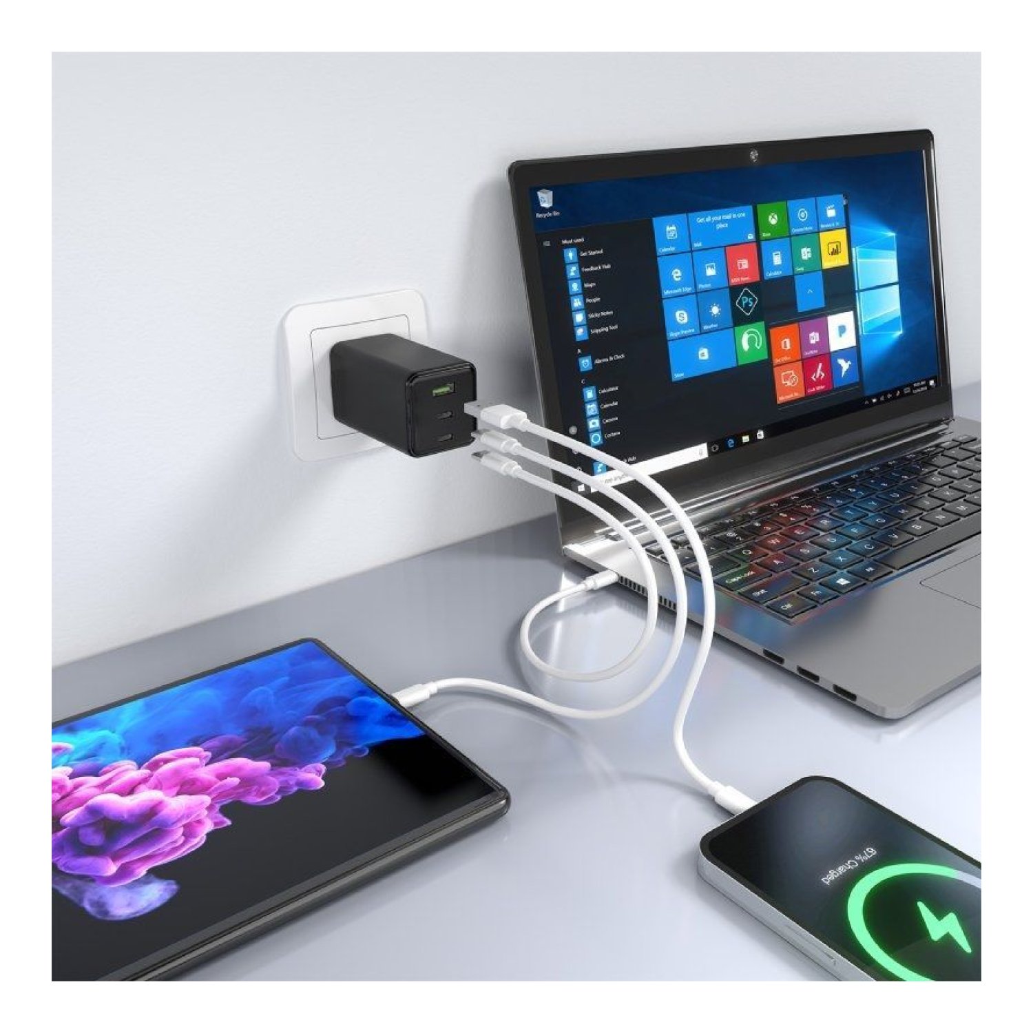 Cargador de Pared GaN Aisens ASCH-100W3P052-BK/ 2xUSB Tipo-C/ 1xUSB/ 100W