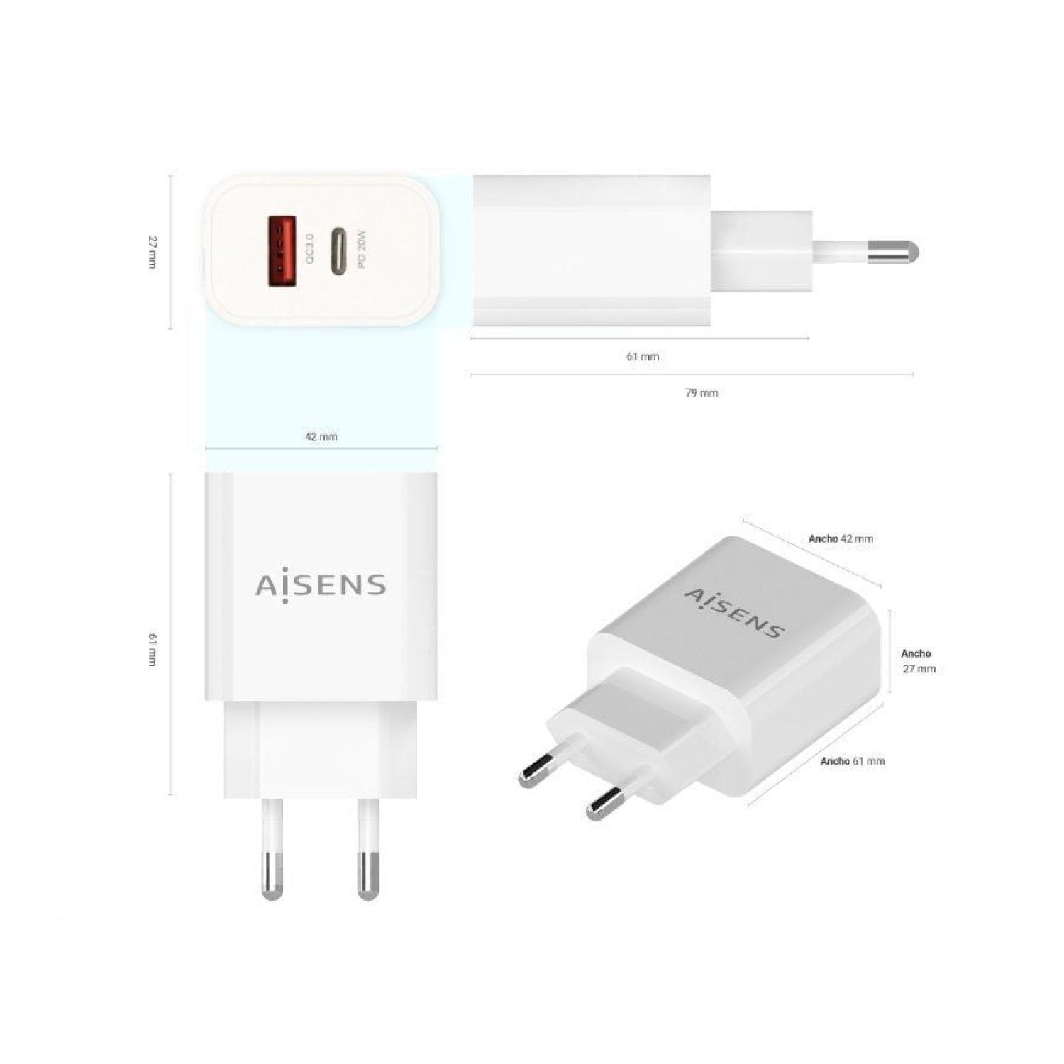 Aisens Cargador Pared · 1xUSB-C · 1xUSB · 20W