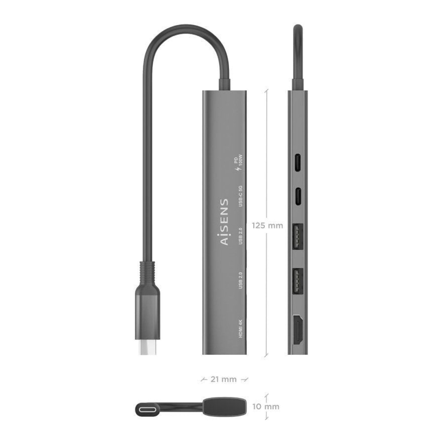 Aisens Docking USB Tipo-C · HDMI 4K · 2xUSB · USB-C PD · Gris