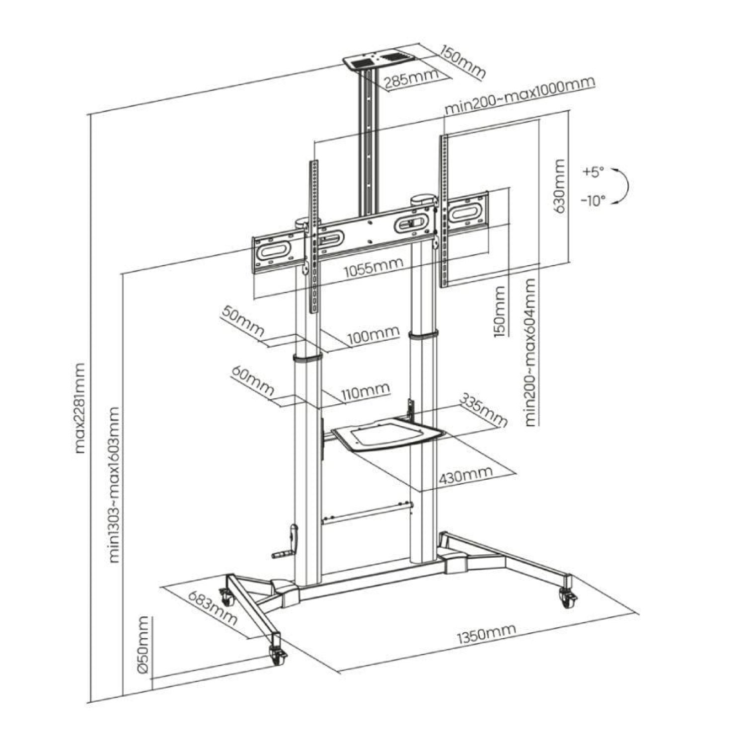 Aisens FT100TE-171 · Soporte TV 60-100" · Inclinable · Ruedas · Manivela · 100kg