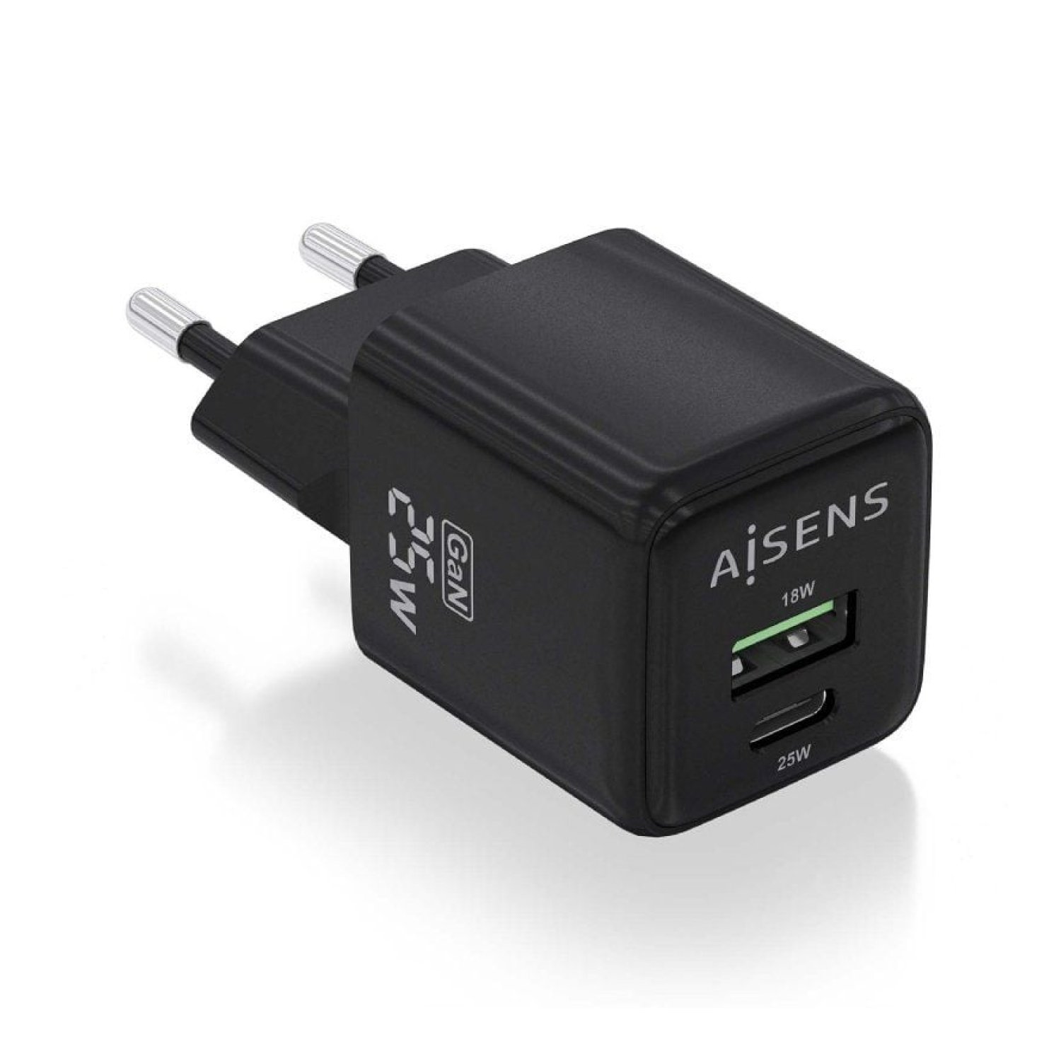 Aisens Cargador GaN 25W · 1 USB-C · 1 USB · Pared