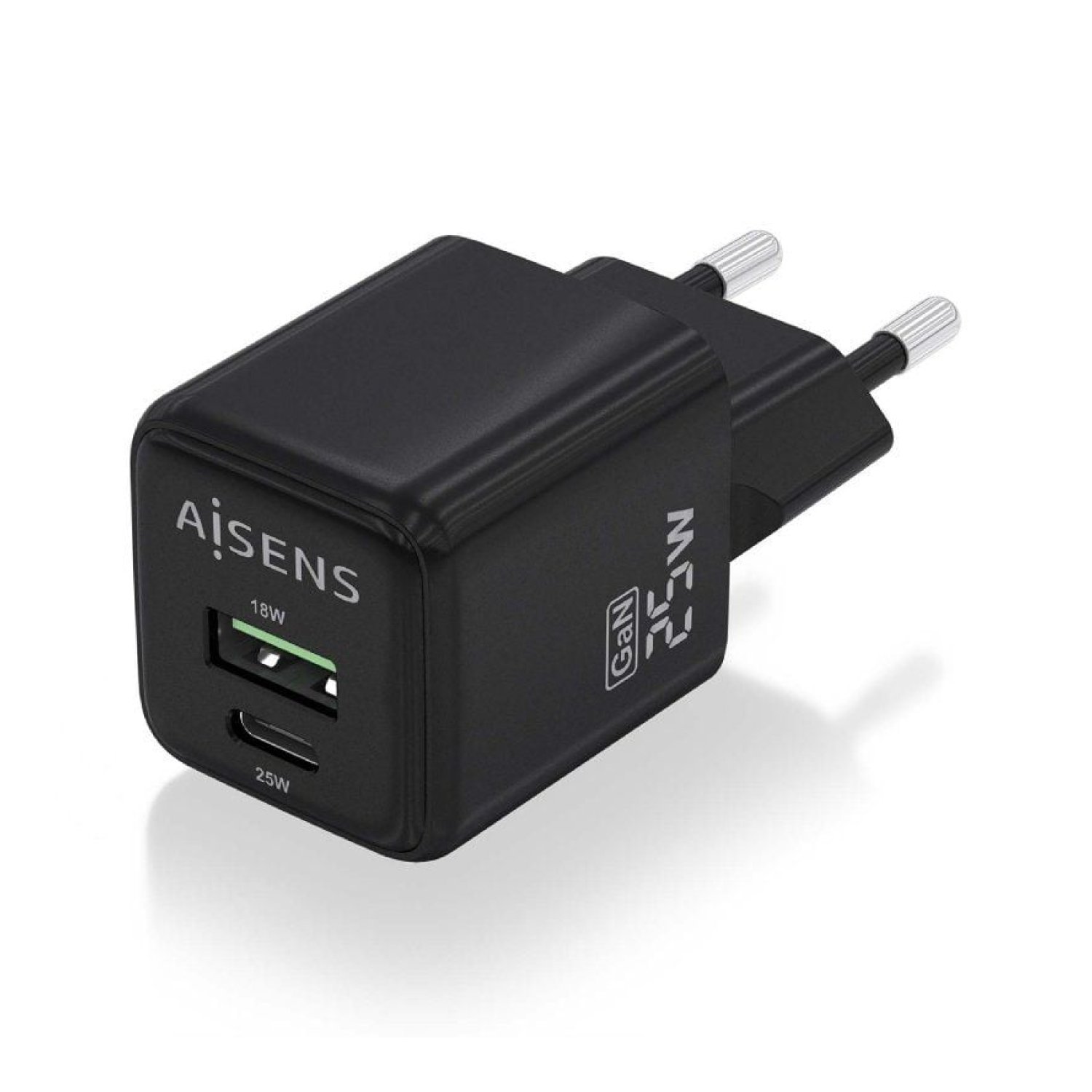 Aisens Cargador GaN 25W · 1 USB-C · 1 USB · Pared