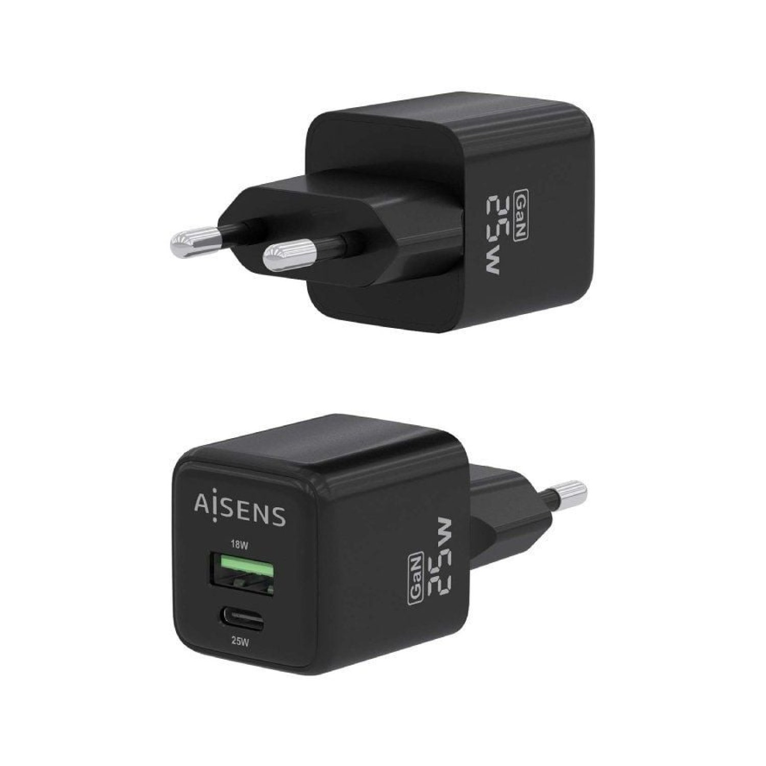 Aisens Cargador GaN 25W · 1 USB-C · 1 USB · Pared