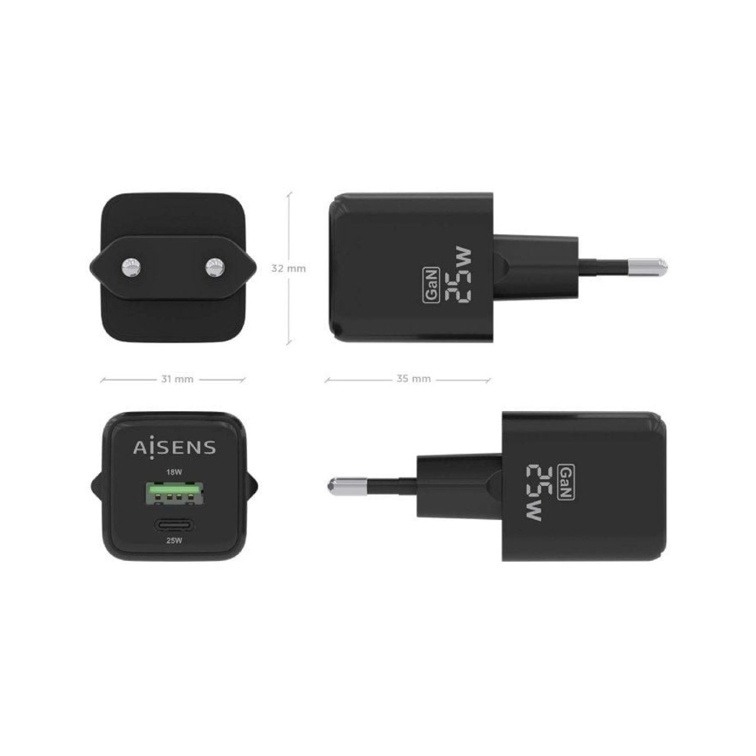 Aisens Cargador GaN 25W · 1 USB-C · 1 USB · Pared