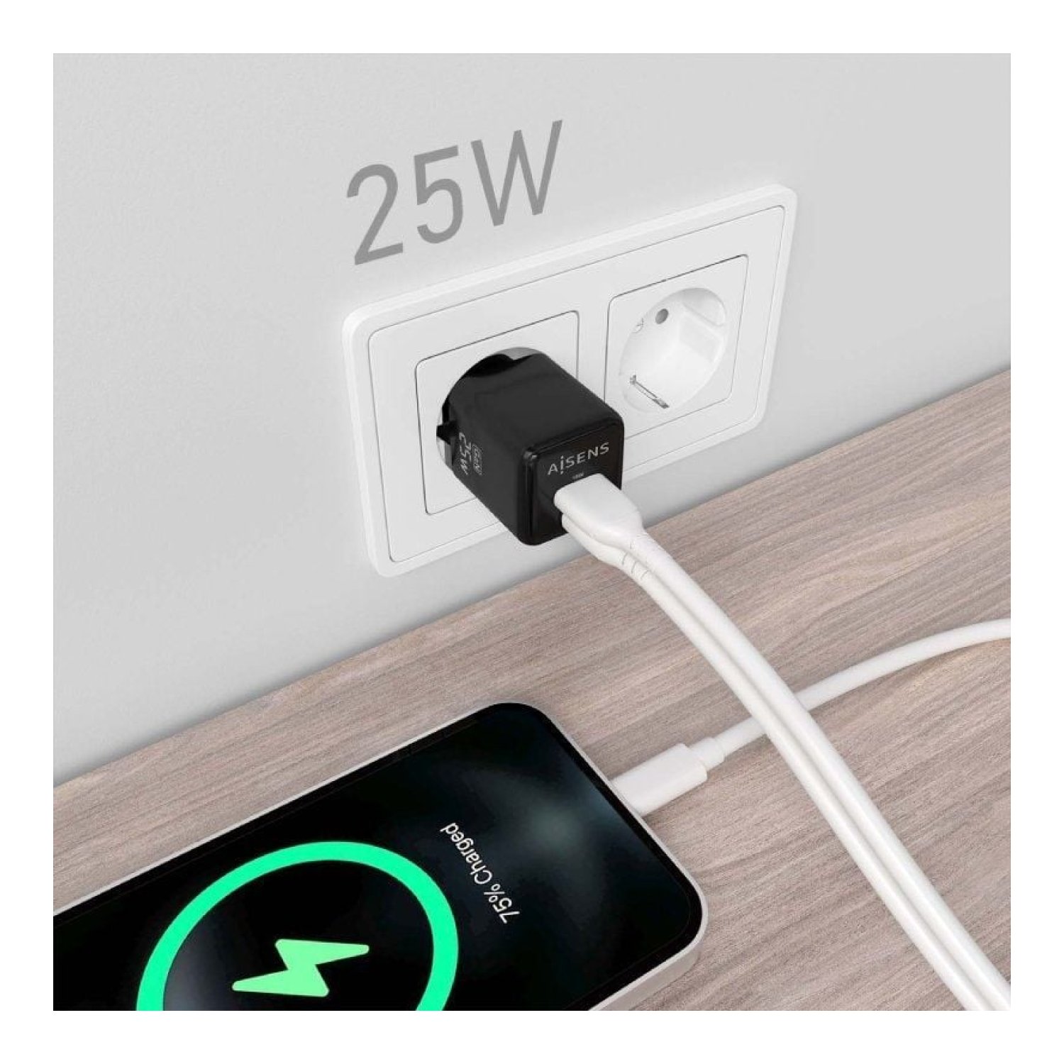 Aisens Cargador GaN 25W · 1 USB-C · 1 USB · Pared