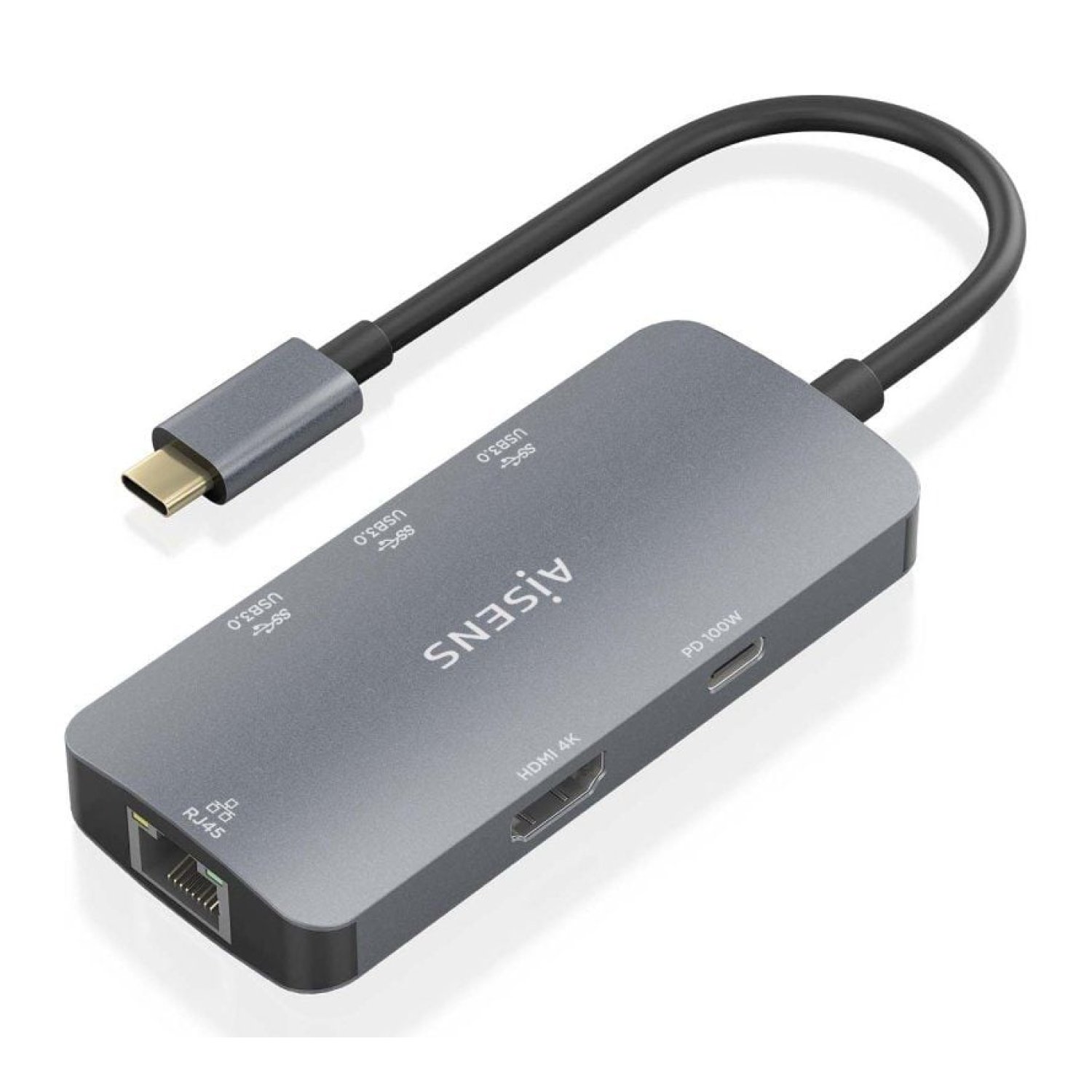 Aisens Docking USB Tipo-C · HDMI 4K · 3xUSB · RJ45 · PD · Gris
