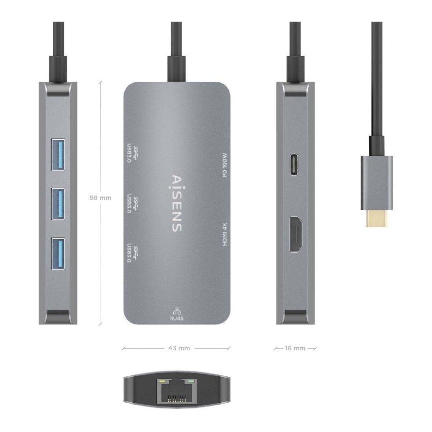 Aisens Docking USB Tipo-C · HDMI 4K · 3xUSB · RJ45 · PD · Gris