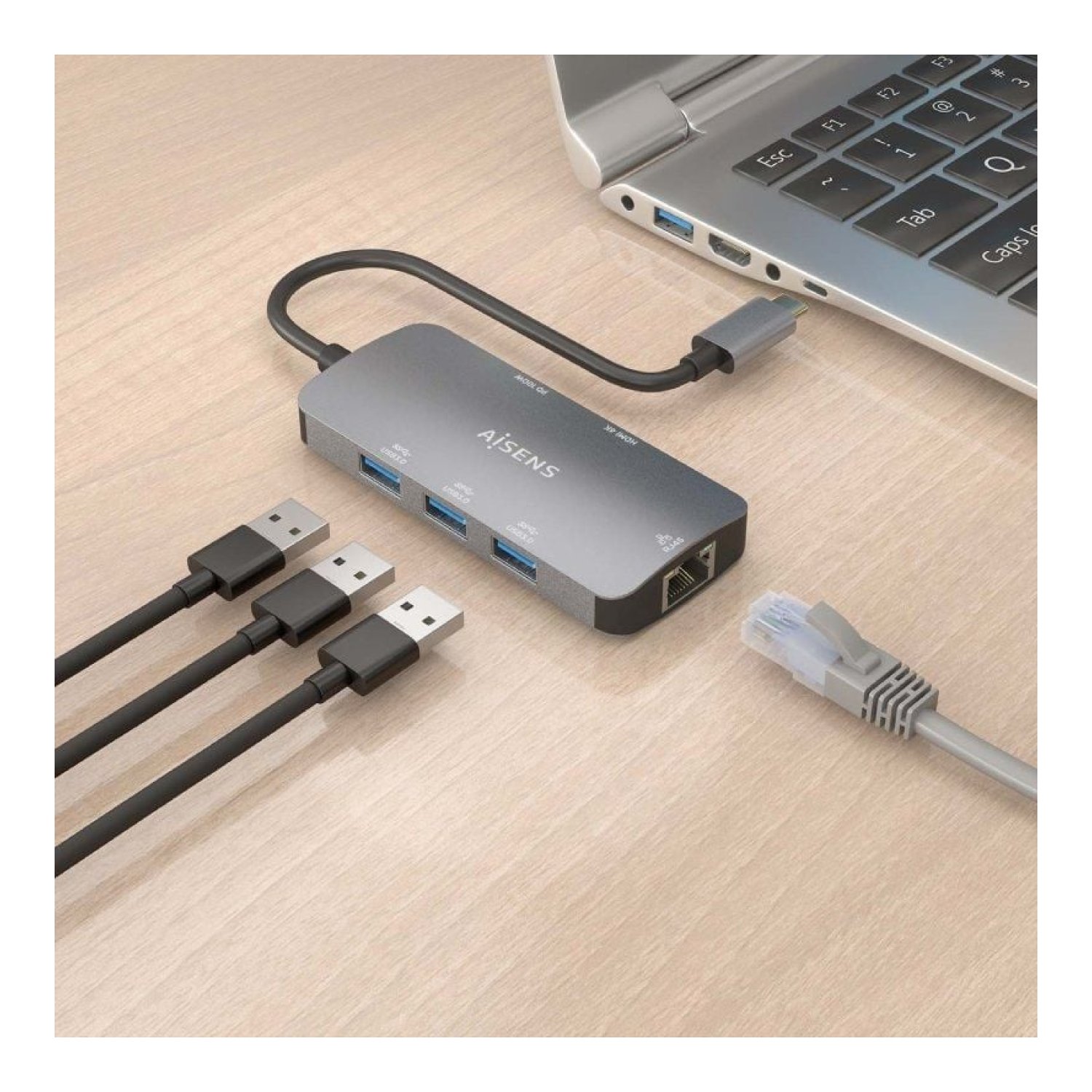 Aisens Docking USB Tipo-C · HDMI 4K · 3xUSB · RJ45 · PD · Gris