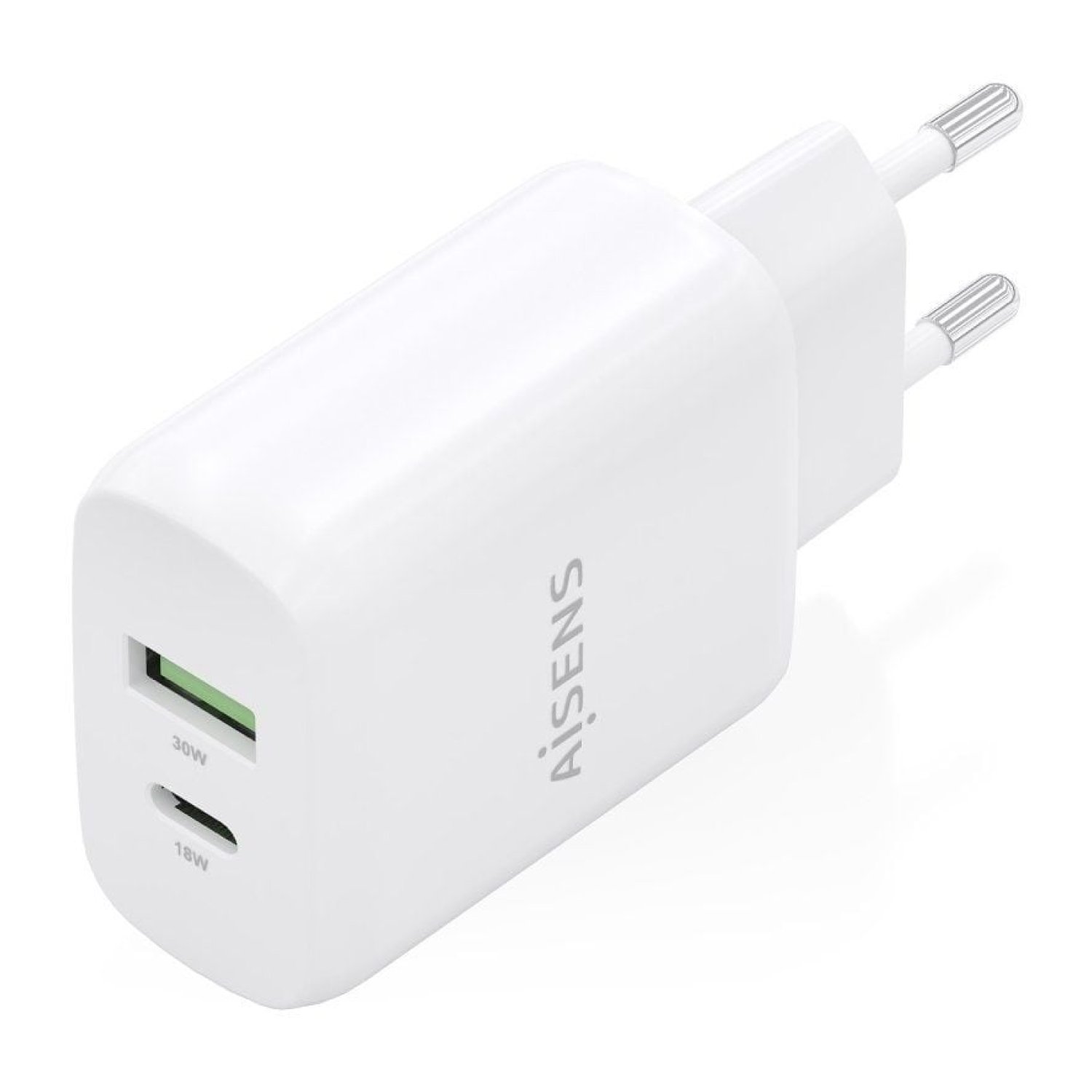 Aisens · Cargador de Pared GaN · 30W · USB-C + USB · Blanco