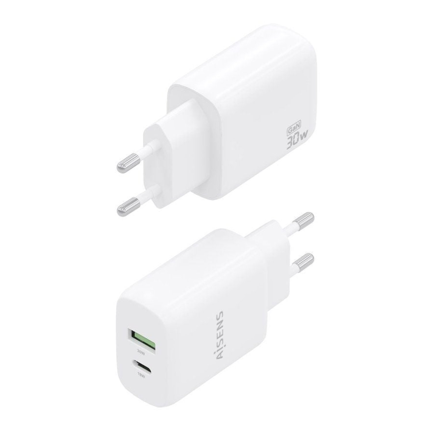 Aisens · Cargador de Pared GaN · 30W · USB-C + USB · Blanco