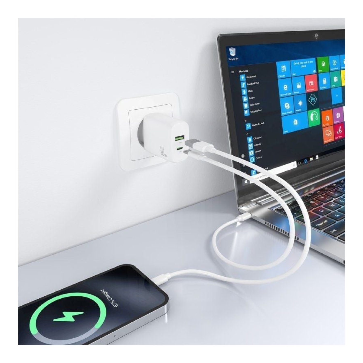 Aisens · Cargador de Pared GaN · 30W · USB-C + USB · Blanco