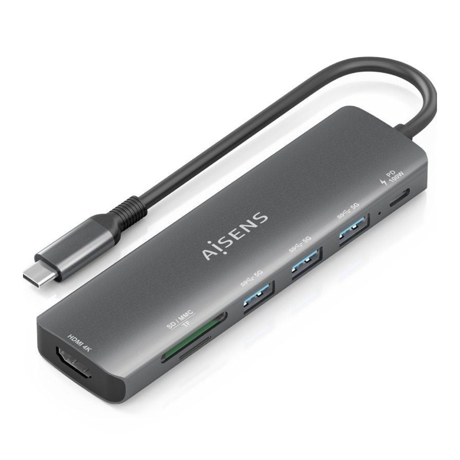 Aisens Docking USB Tipo-C · 1xHDMI 4K · 3xUSB · PD · Lector Tarjetas · Gris