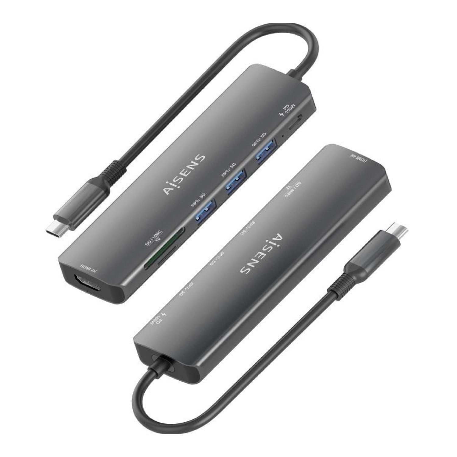 Aisens Docking USB Tipo-C · 1xHDMI 4K · 3xUSB · PD · Lector Tarjetas · Gris