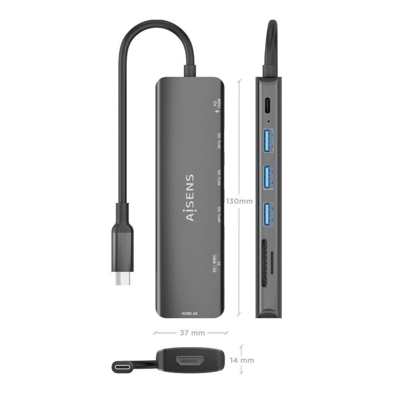 Aisens Docking USB Tipo-C · 1xHDMI 4K · 3xUSB · PD · Lector Tarjetas · Gris