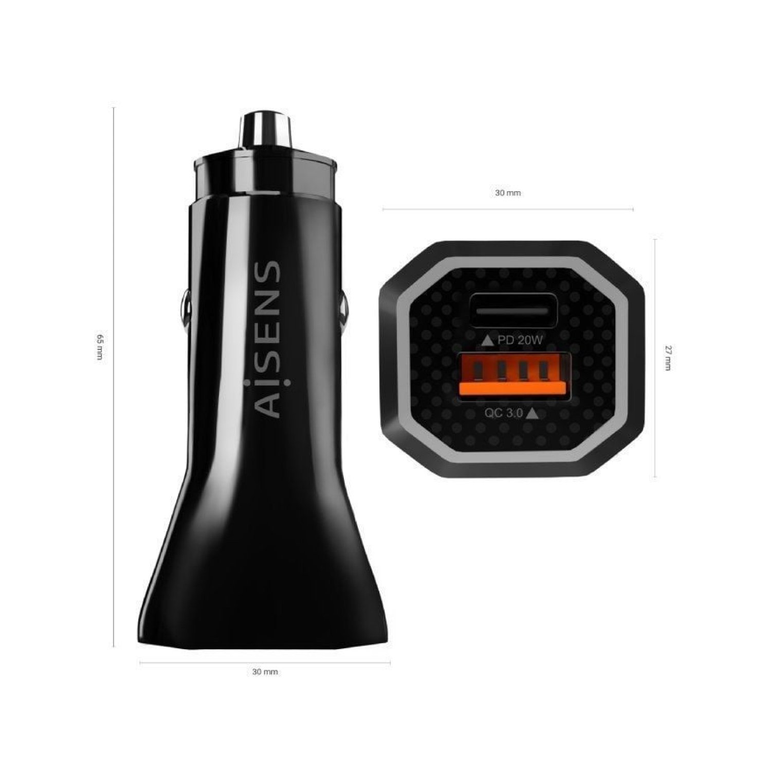 Aisens Cargador de Coche · 38W · 1 USB-C + 1 USB