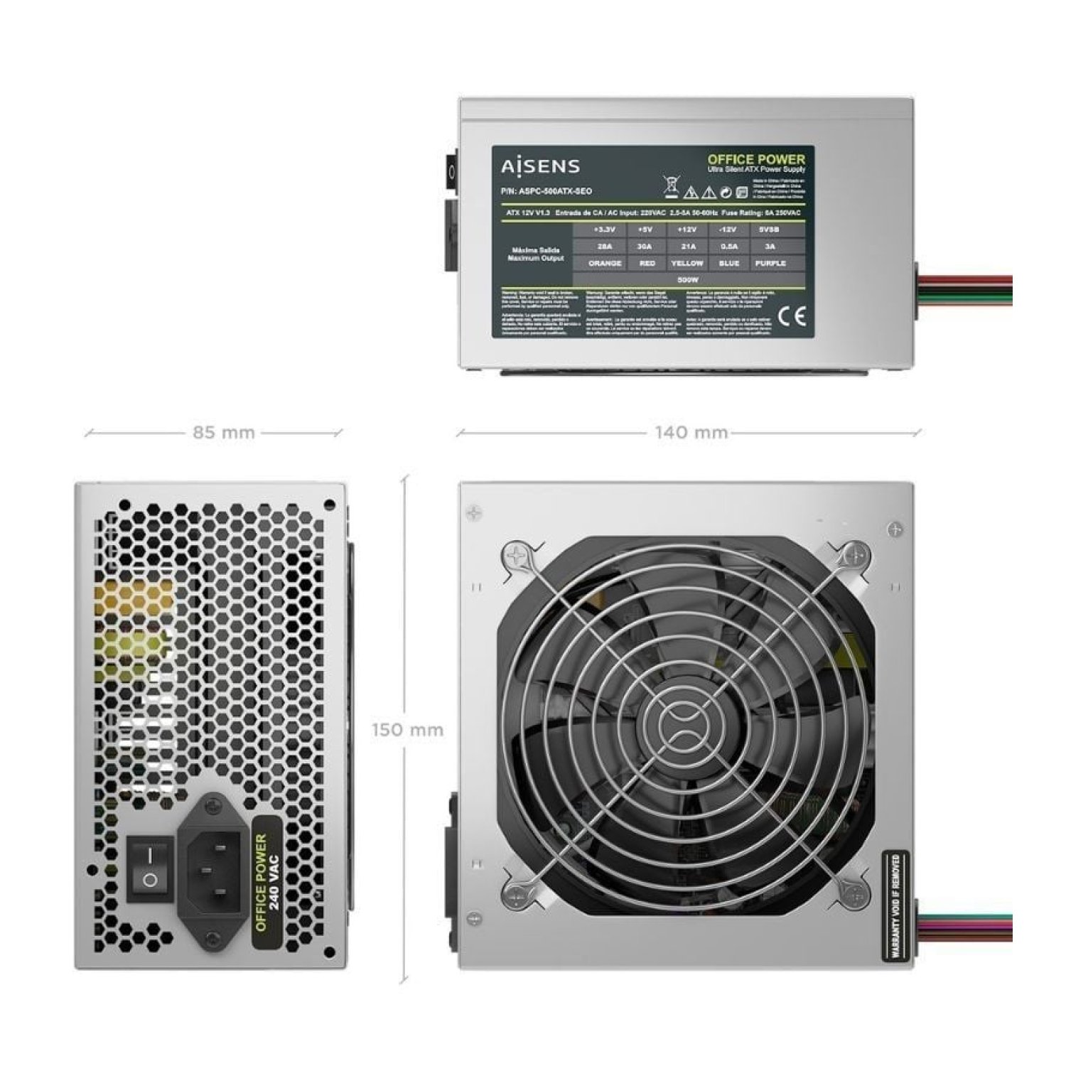 Aisens ASPC-500ATX · Fuente de Alimentación · 500W · Ventilador 12cm