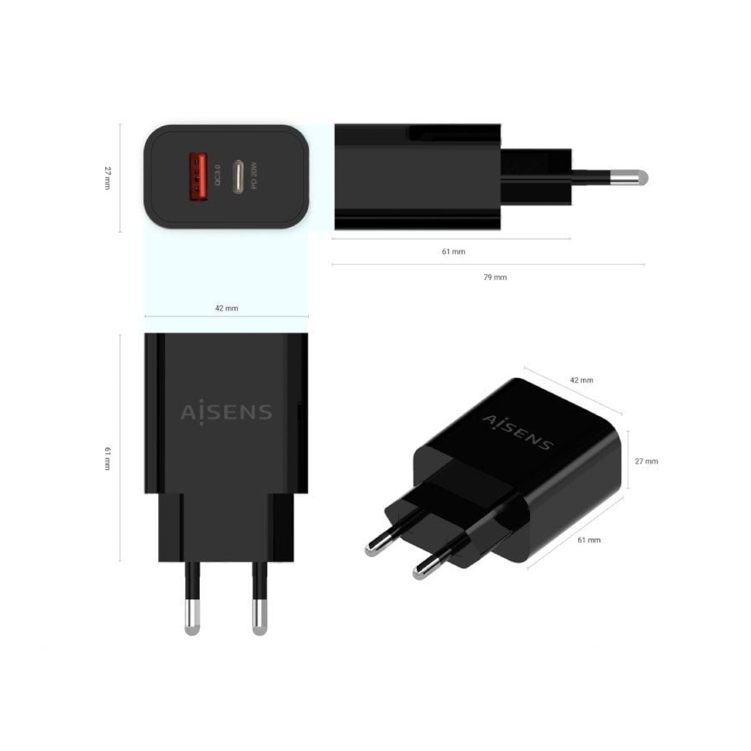 Aisens Cargador Pared · 1 USB-C + 1 USB · 20W