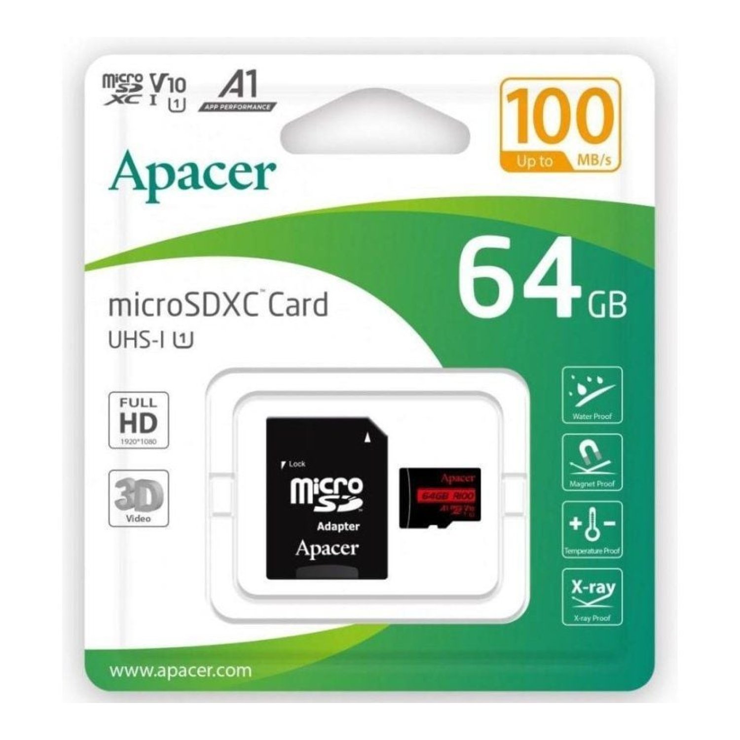 Apacer Tarjeta XC · 64GB · UHS 1 · Clase 10 · 100MB/s · Adaptador SD