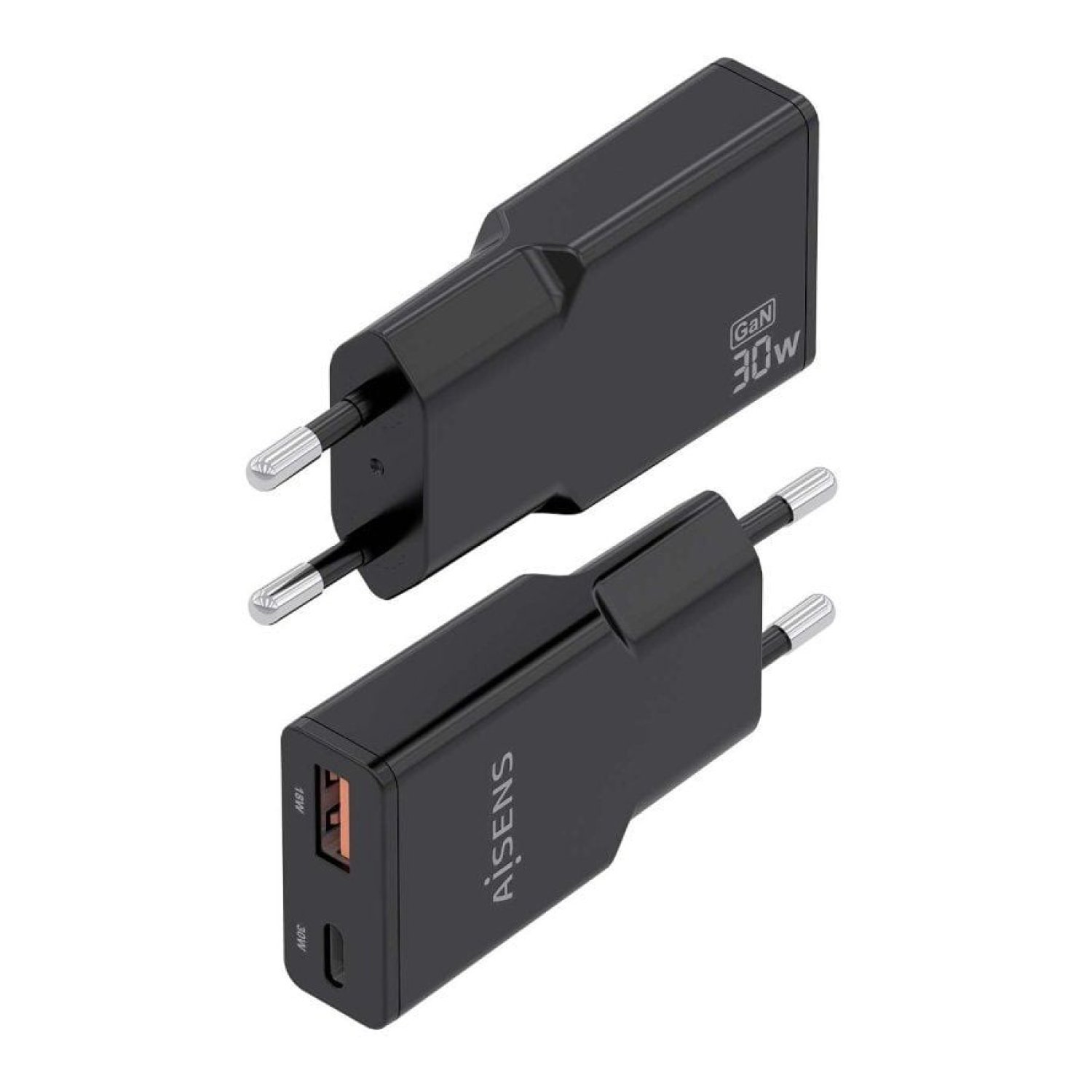 Aisens Cargador de Pared GaN · 30W · USB-C + USB · Negro
