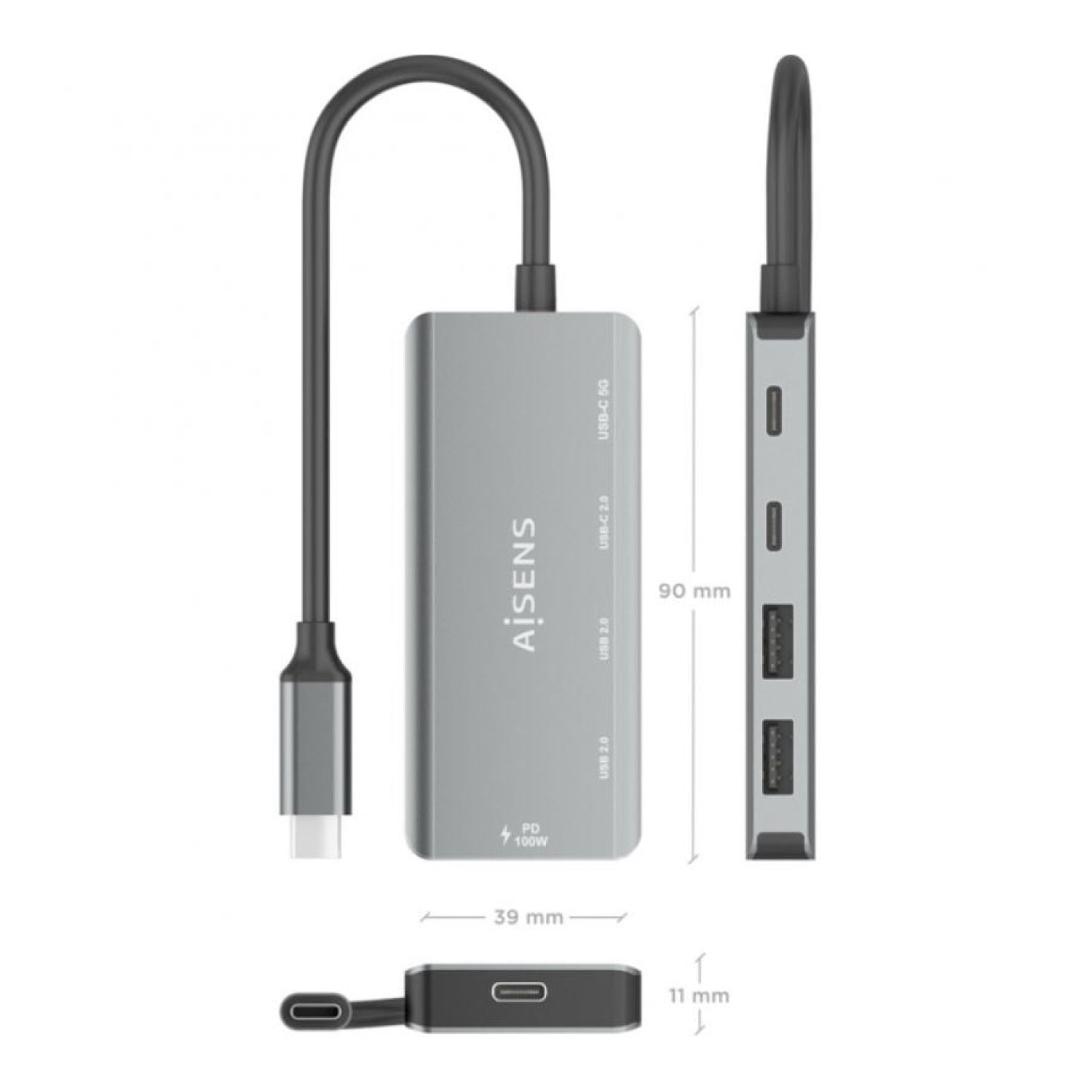 Aisens Hub USB Tipo-C · 2x USB · 2x USB-C · 1x USB-C PD · Gris