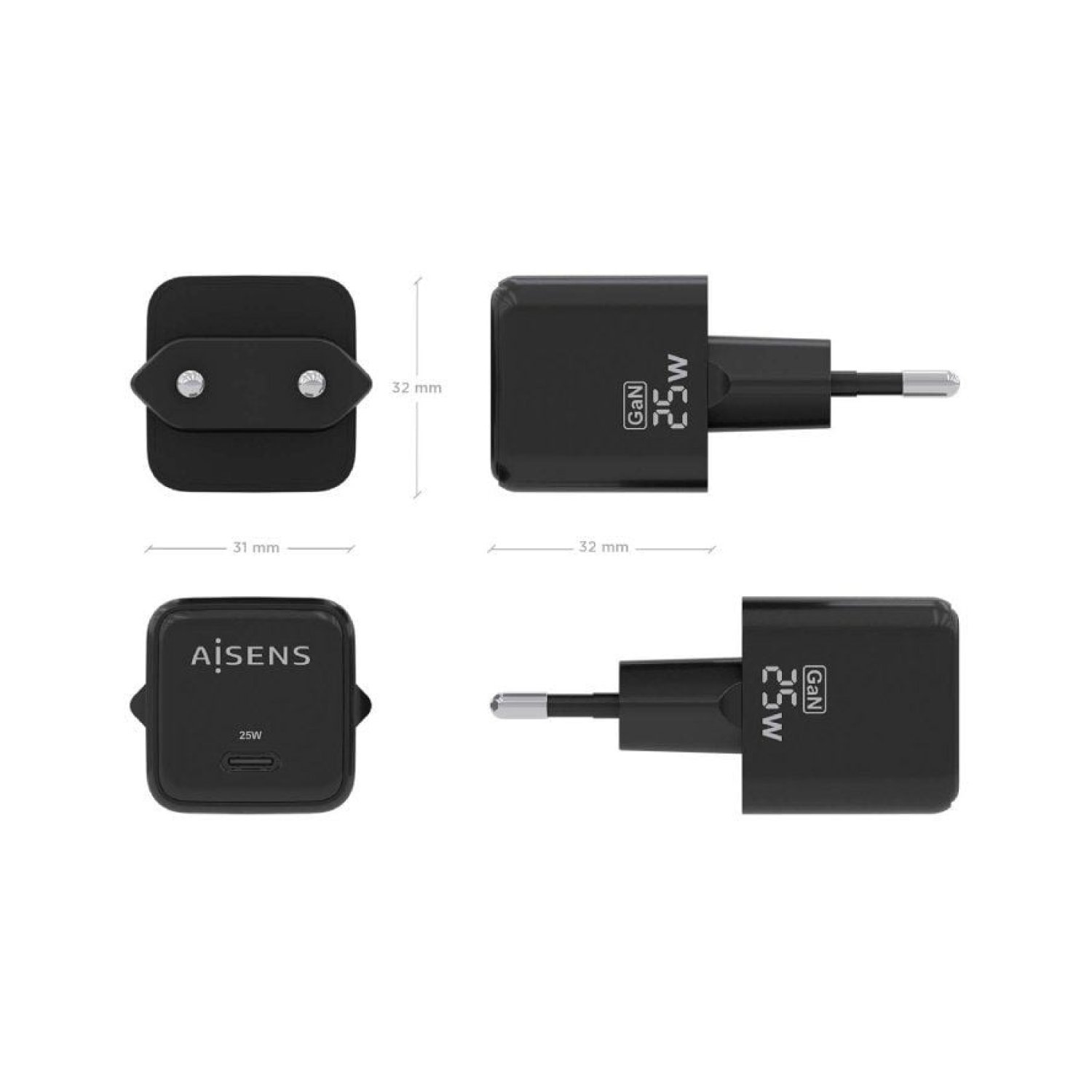Cargador de Pared GaN Aisens ASCH-25W1P013-BK/ 1xUSB Tipo-C/ 25W