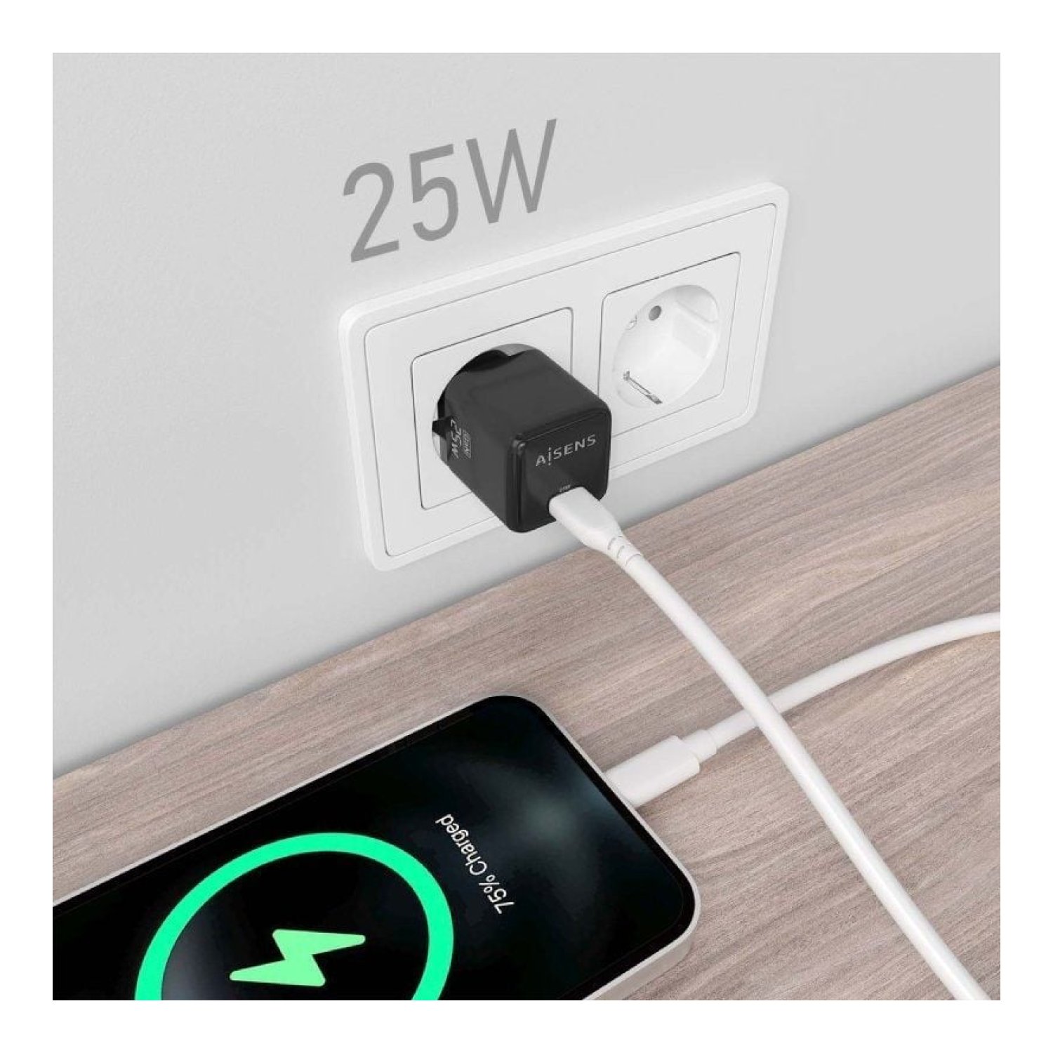 Cargador de Pared GaN Aisens ASCH-25W1P013-BK/ 1xUSB Tipo-C/ 25W