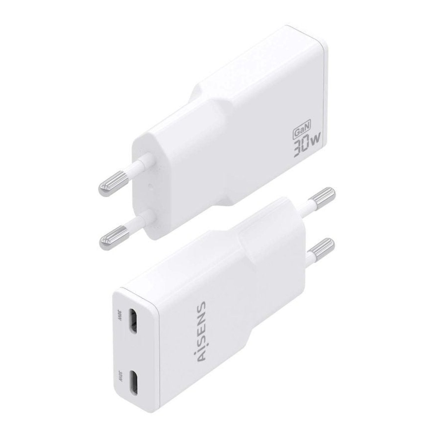 Aisens Cargador GaN · 2xUSB-C · 30W · Blanco