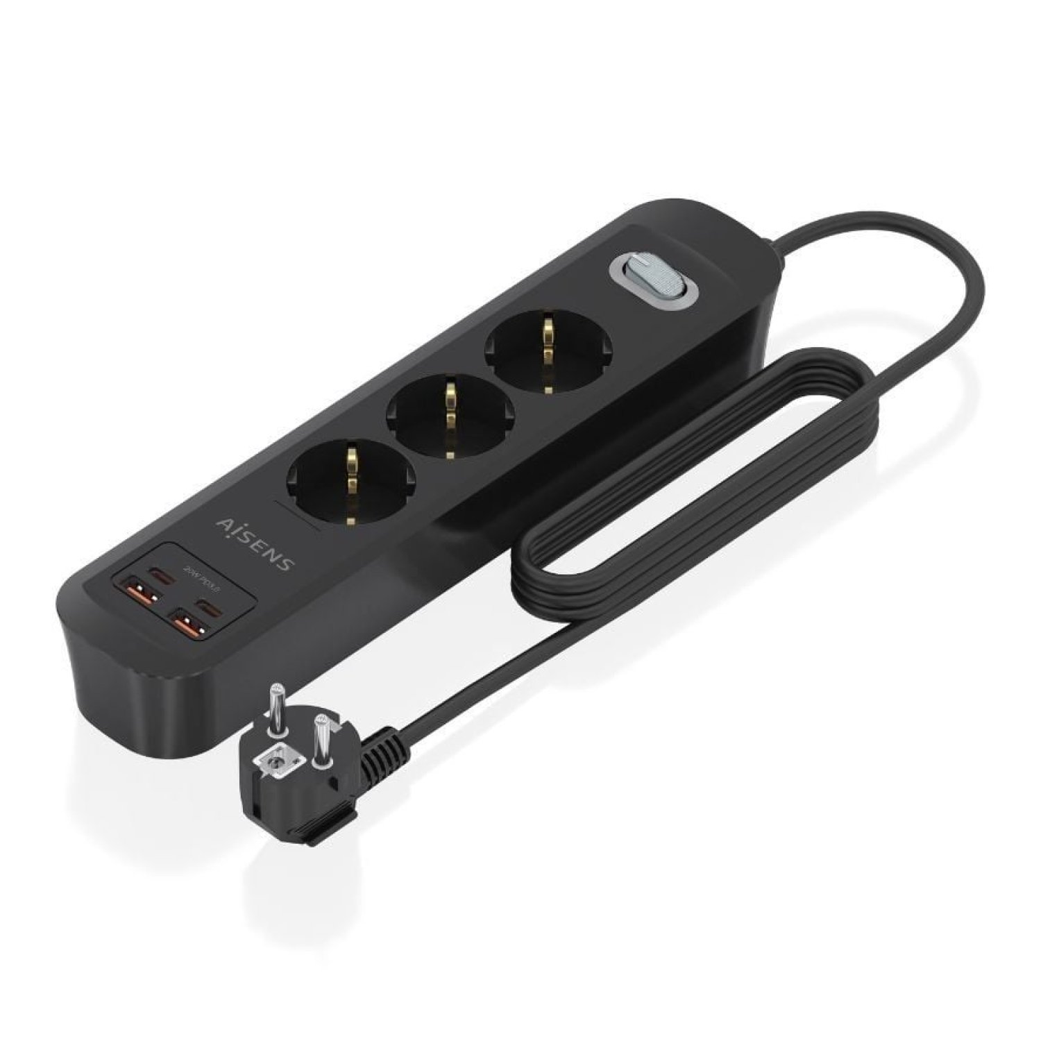 Aisens · Regleta con Interruptor · 3 Tomas + 2 USB + 2 USB-C · Cable 1,4m · Negro