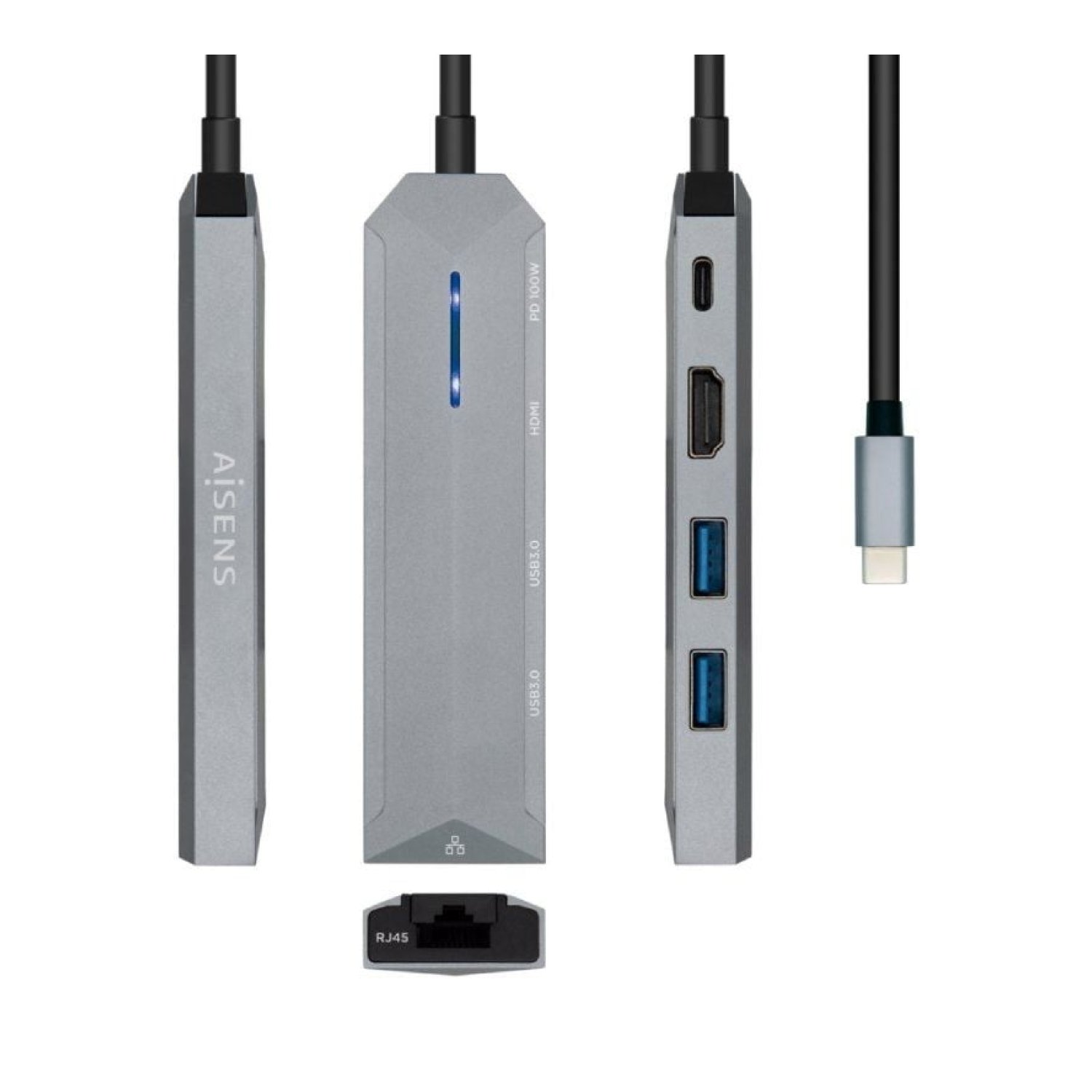 Aisens Docking USB Tipo-C · 1xHDMI 4K · 2xUSB · RJ45 · USB-C PD · Gris