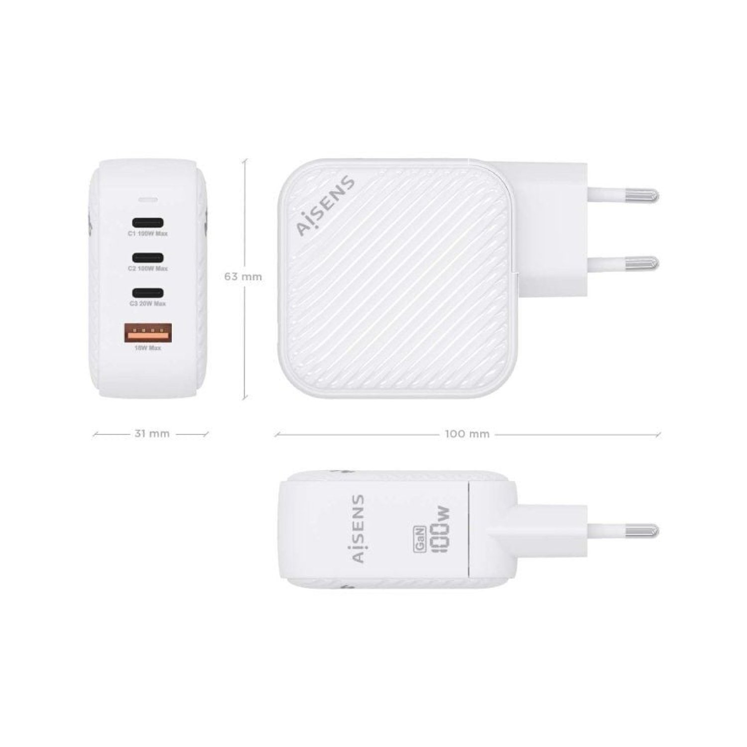 Aisens Cargador GaN · 100W · 3xUSB-C + 1xUSB · Pared